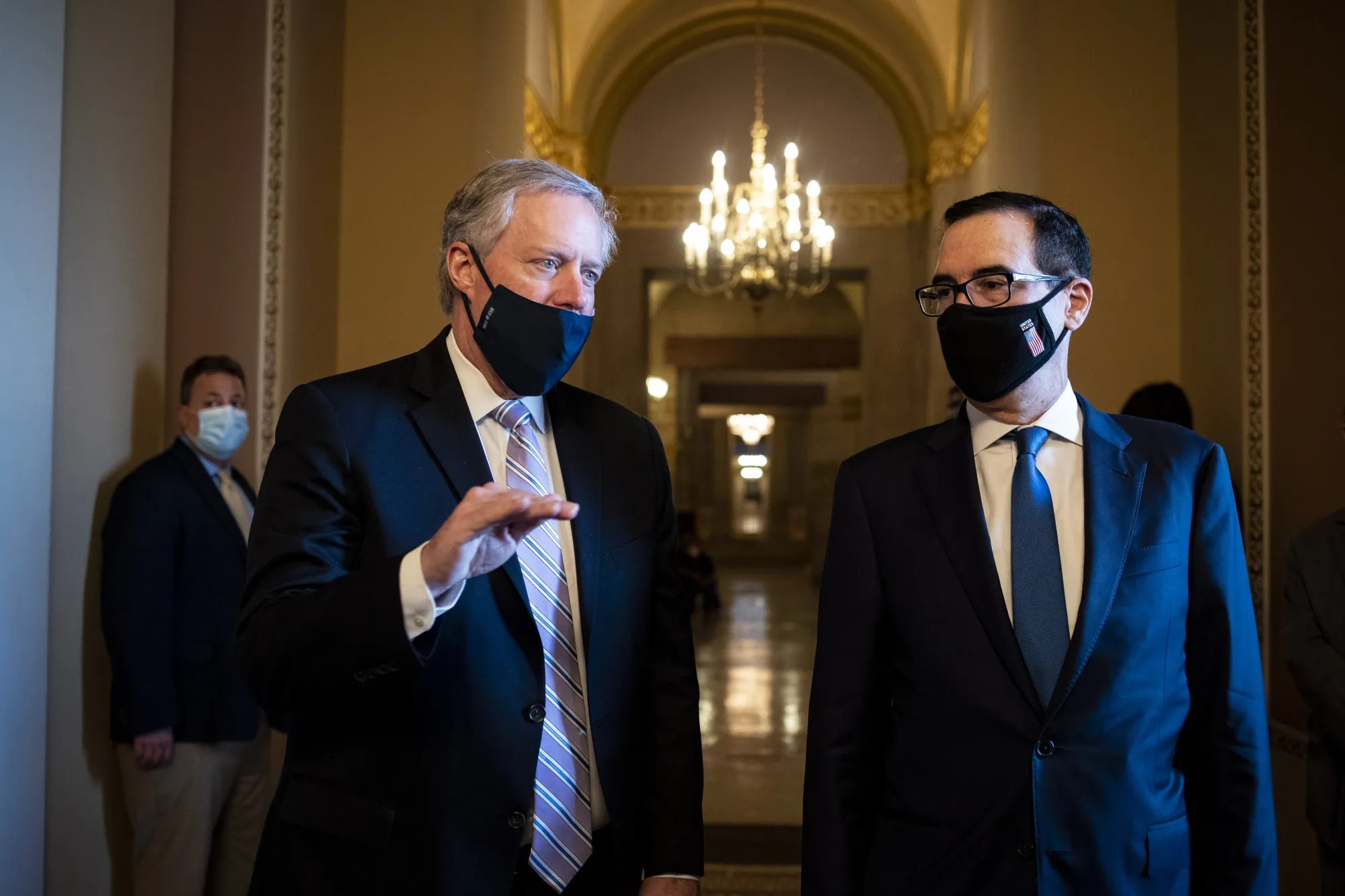 Mark Meadows,&nbsp;left, and Steven Mnuchin, speak&nbsp;to members of the media&nbsp;at the U.S. Capitol&nbsp;on&nbsp;July 23.&nbsp;