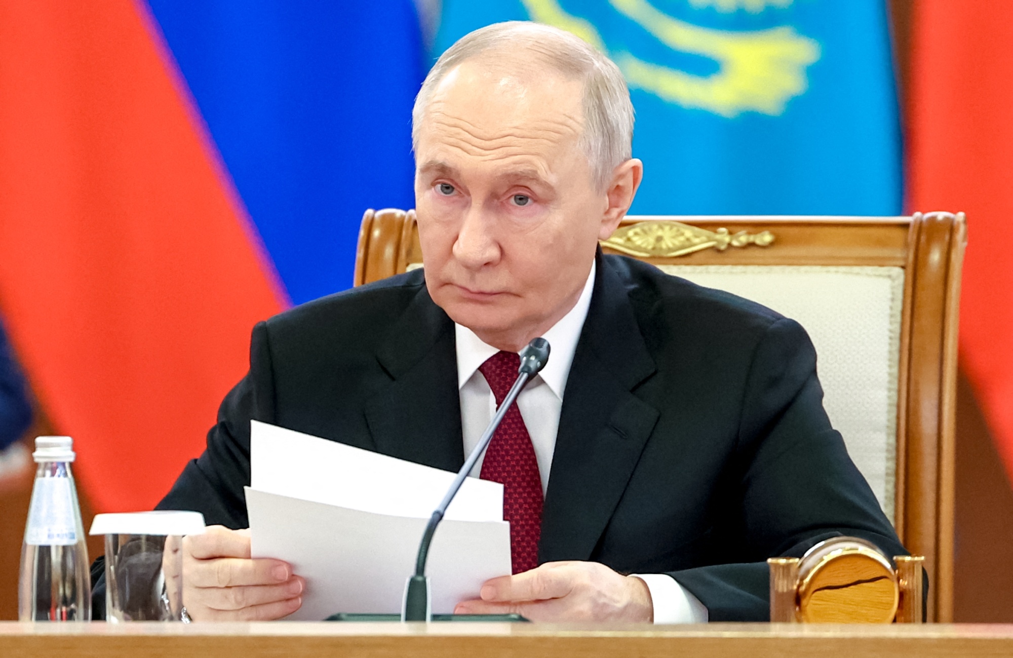 Vladimir Putin at the Palace of Independence in Astana on May 28, in a photograph distributed by the Russian state agency Sputnik.