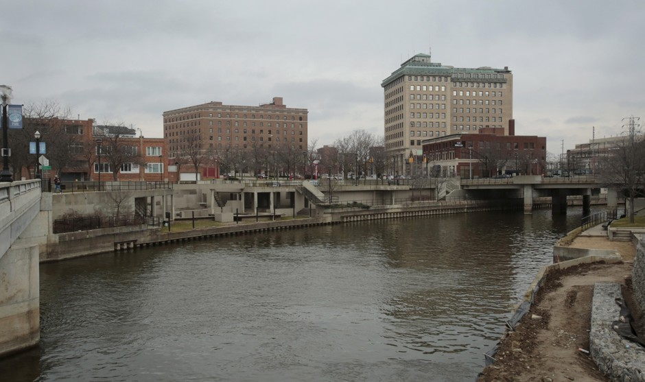 The Flint River is seen flowing thru downtown in Flint, Michigan.