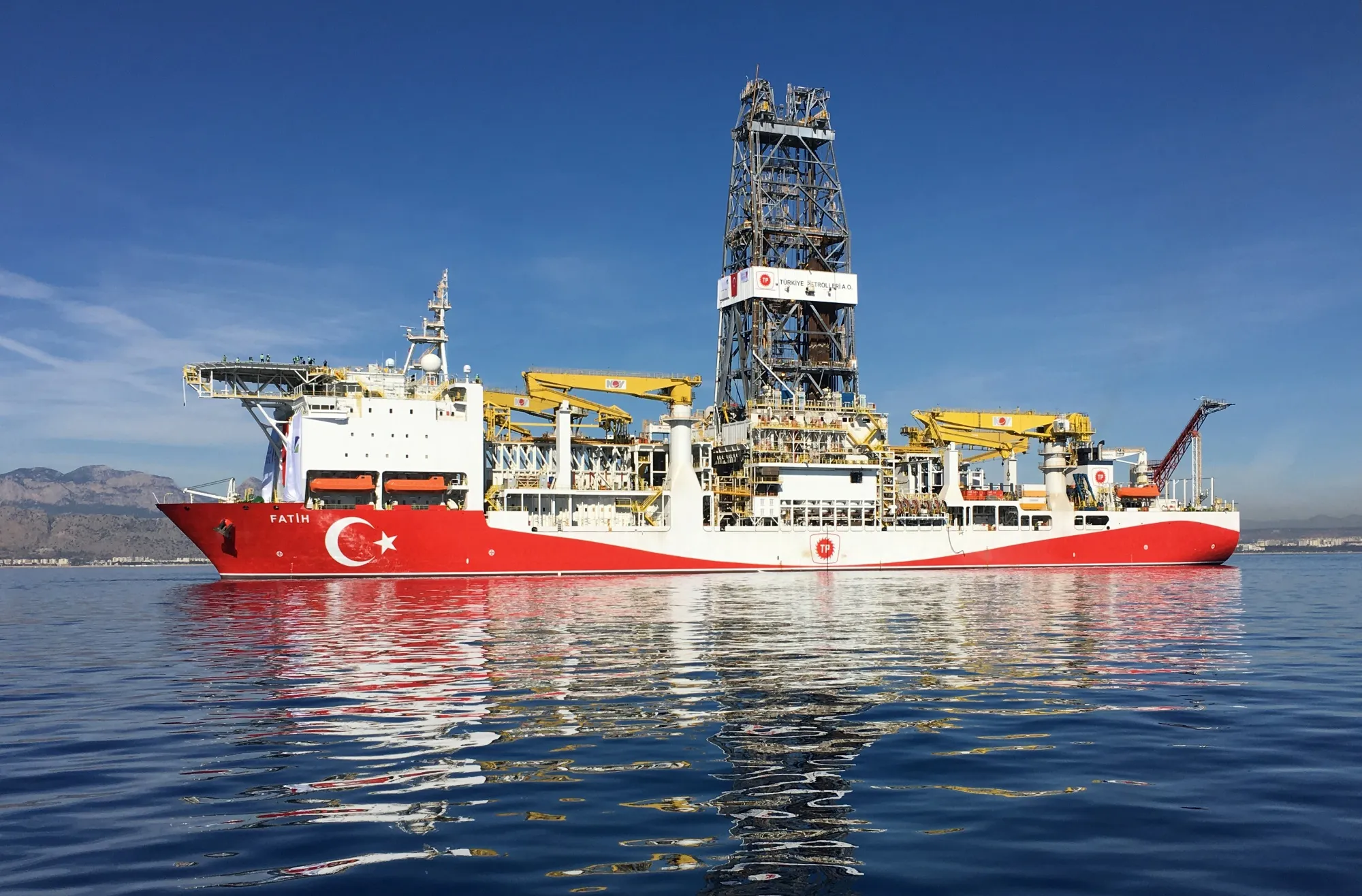 The Fatih oil drilling ship prepares to sail to the contested waters of the Mediterranean Sea for oil and gas drilling operations near Anatalya, Turkey.