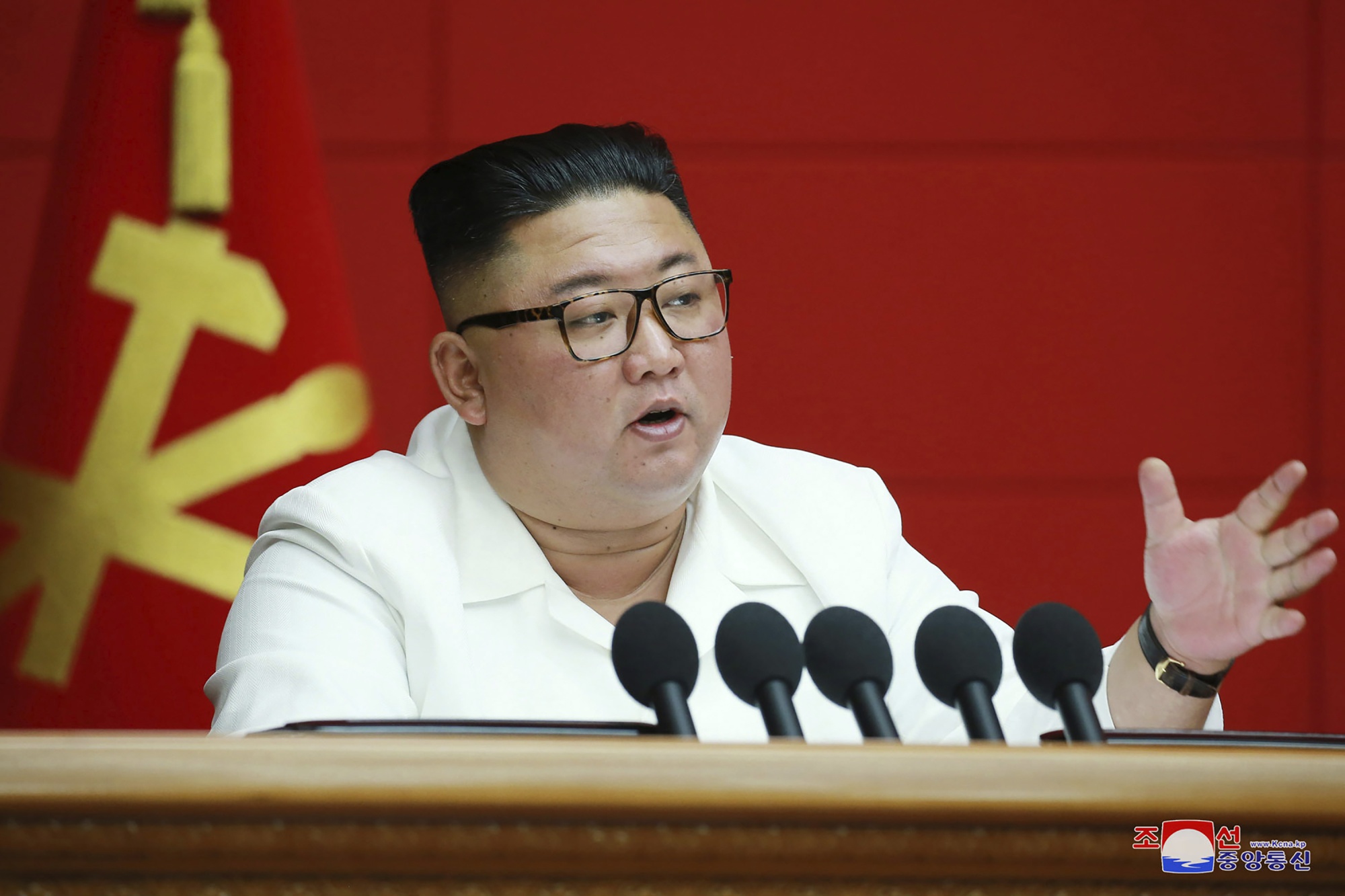 Kim Jong Un speaks during a plenary meeting in Pyongyang, Aug. 19.