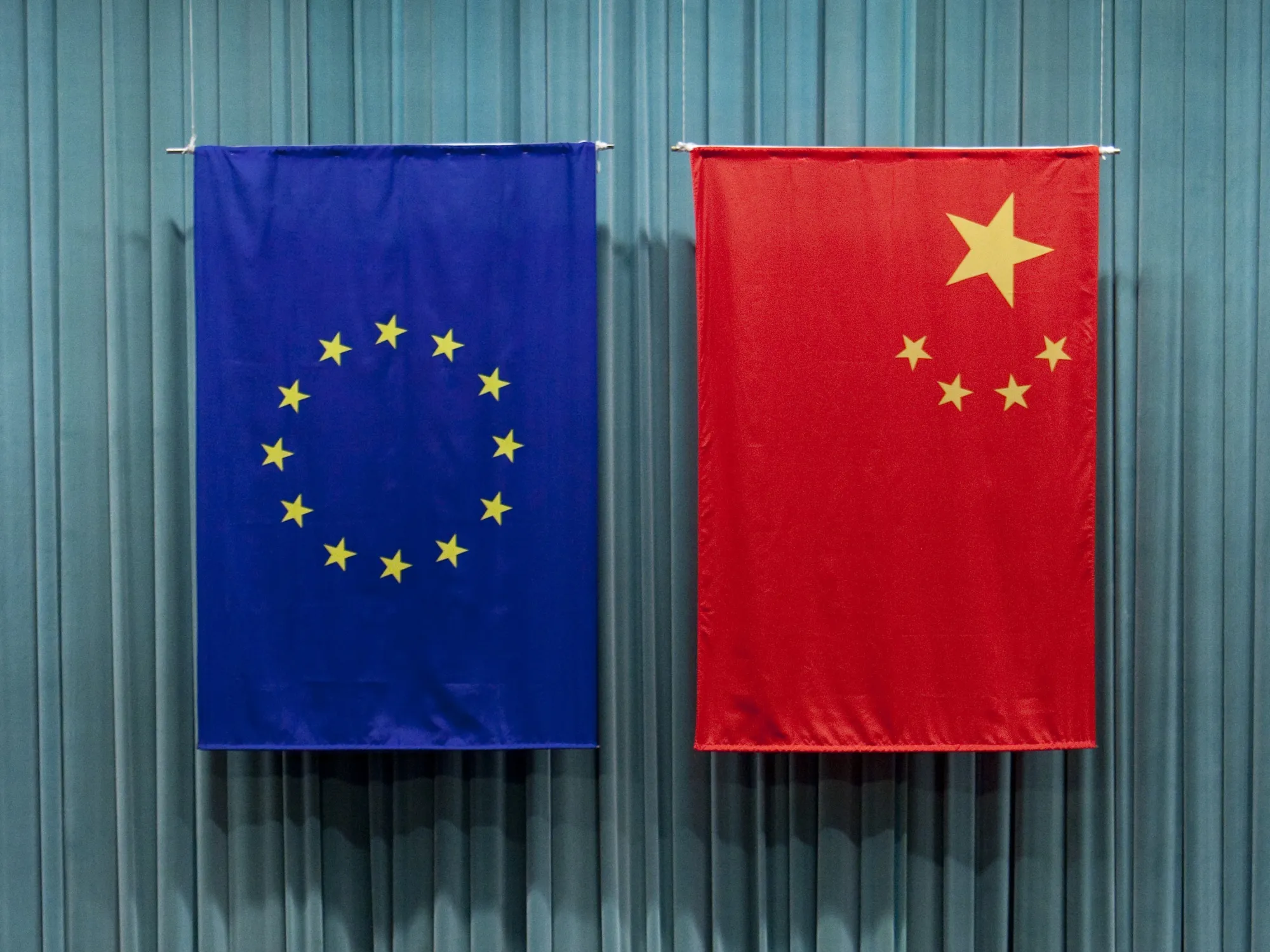 The Chinese and European Union flags in Beijing.
