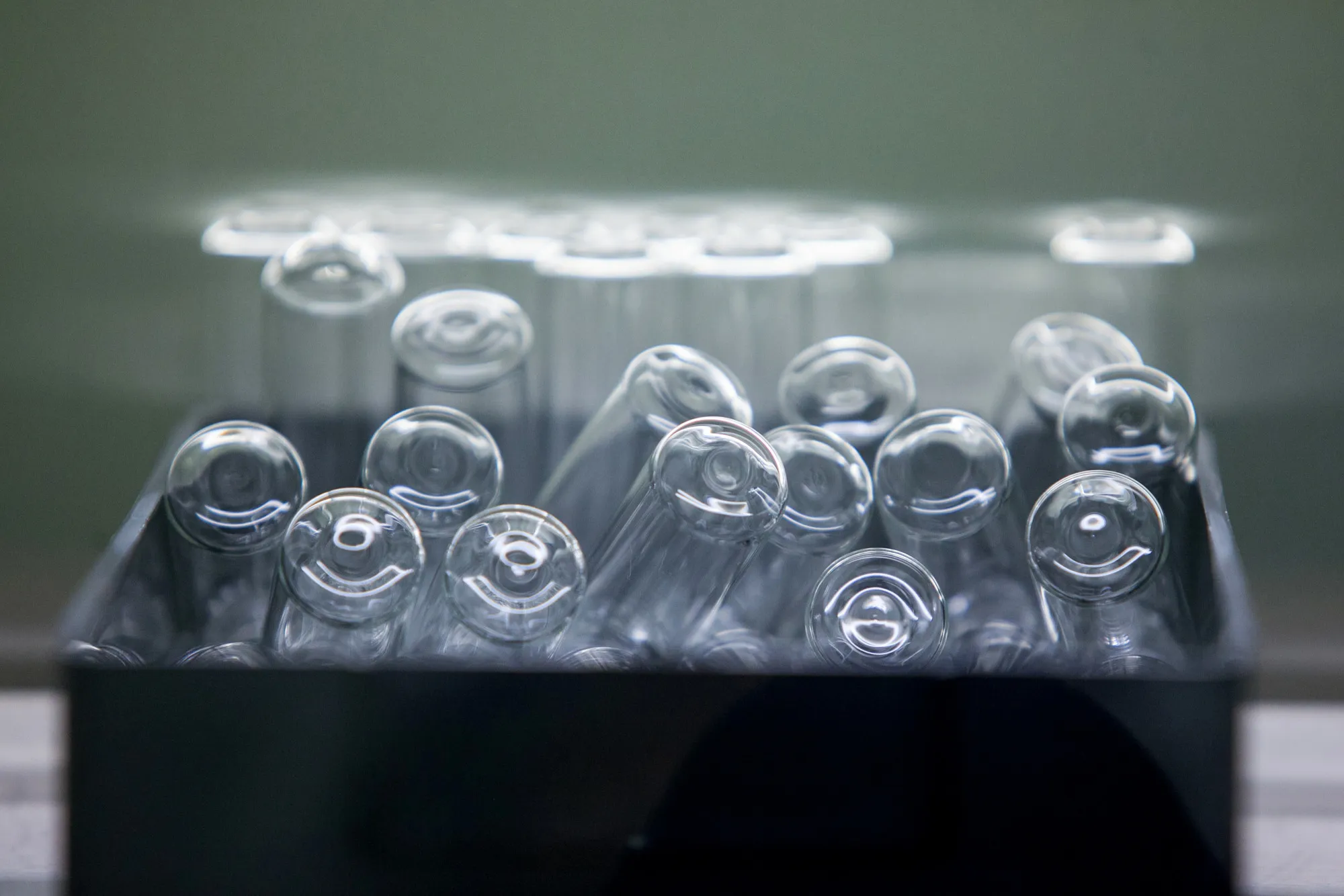 Empty glass vials used in the production of organic light-emitting diodes (OLED) at the Merck KGaA research center in Darmstadt, Germany.