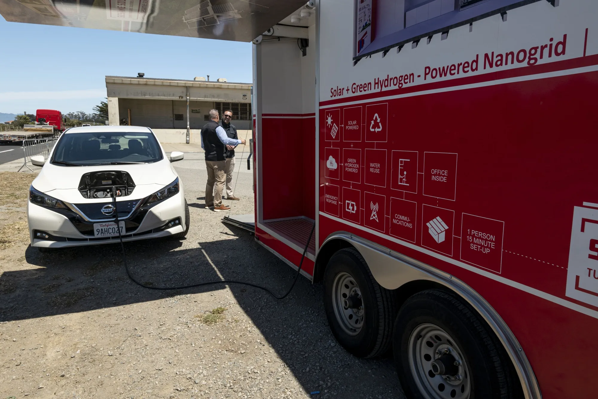 The Sesame Solar Nanogrid trailer features a Level 2 electric car charger.