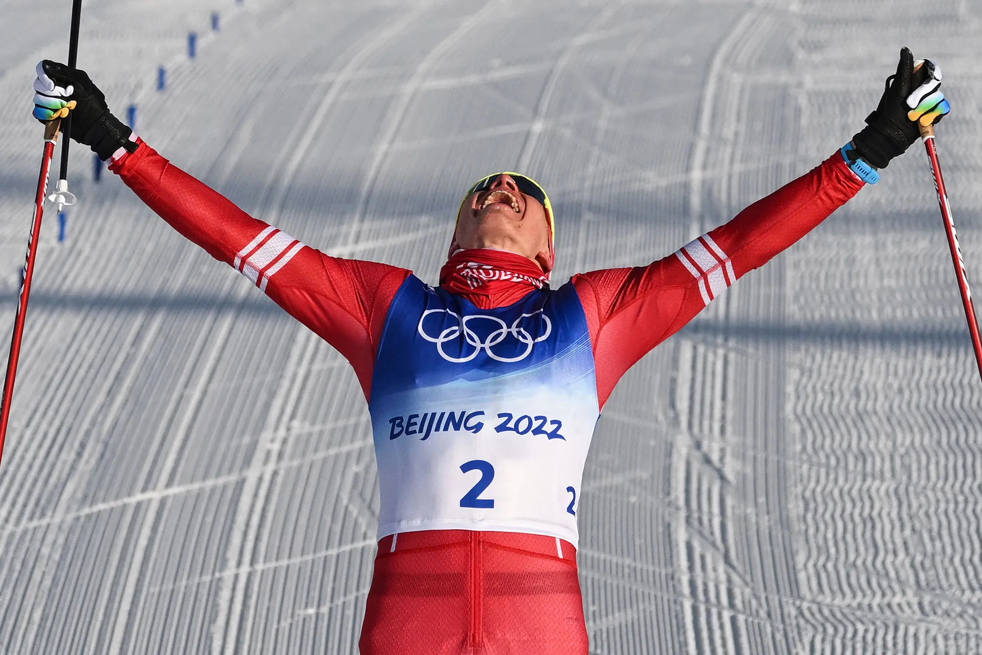 Russia's Alexander Bolshunov celebrates his victory&nbsp;on Feb. 6