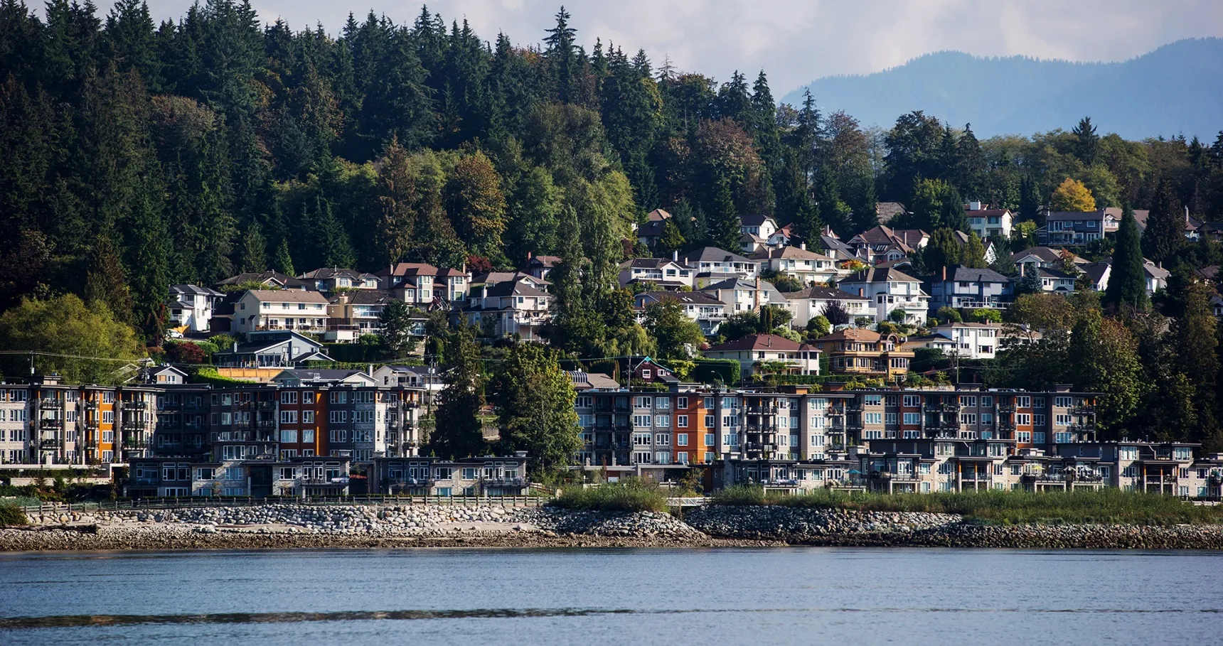 Residential condo buildings and single family homes near&nbsp;Burrard Inlet in North Vancouver.