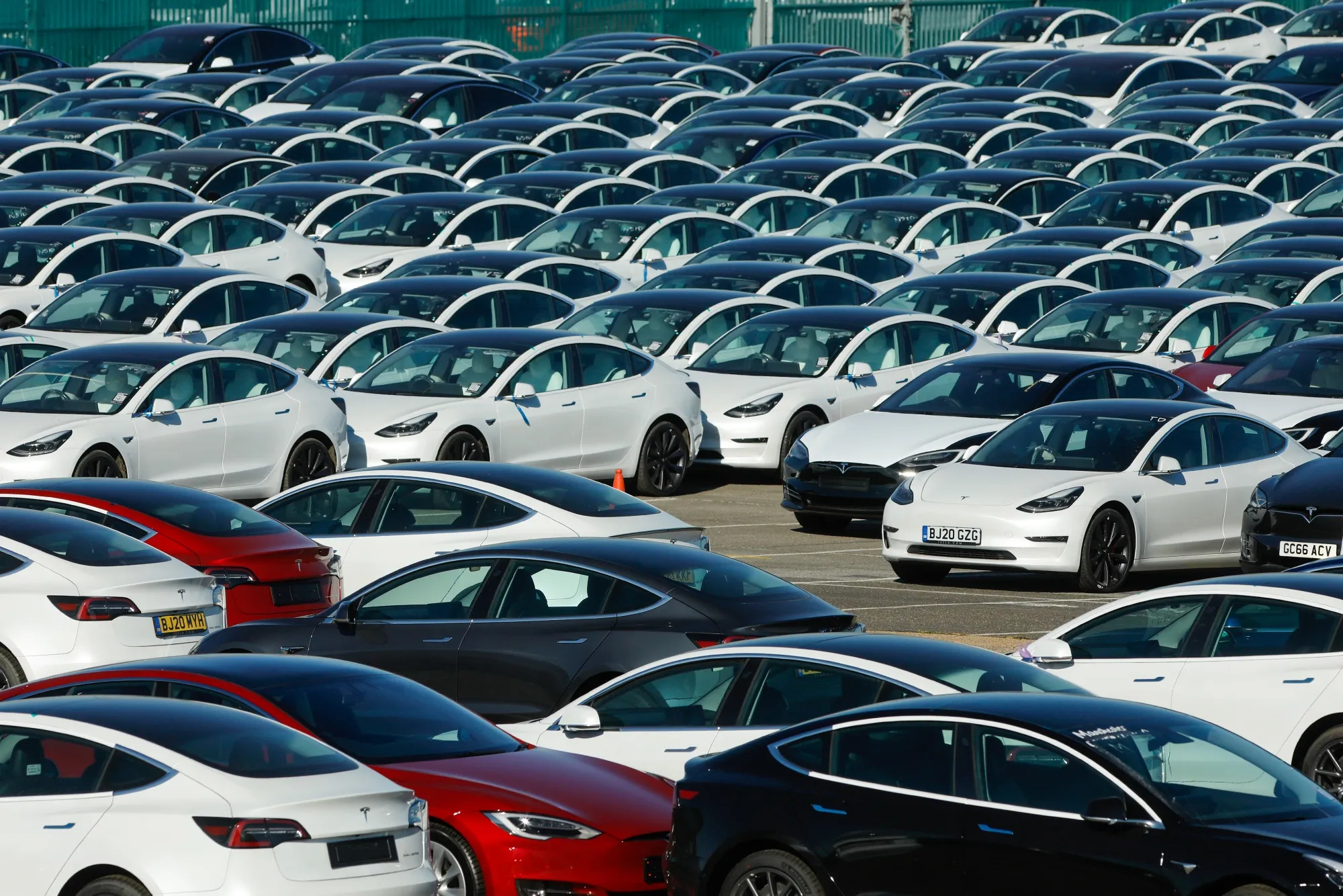 Tesla vehicles at the Port of Southampton.