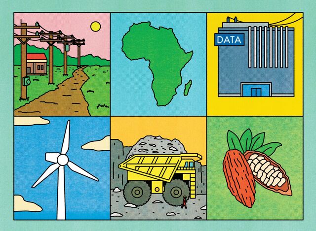 Illustrations representing sectors for investment such as power, mining and agriculture