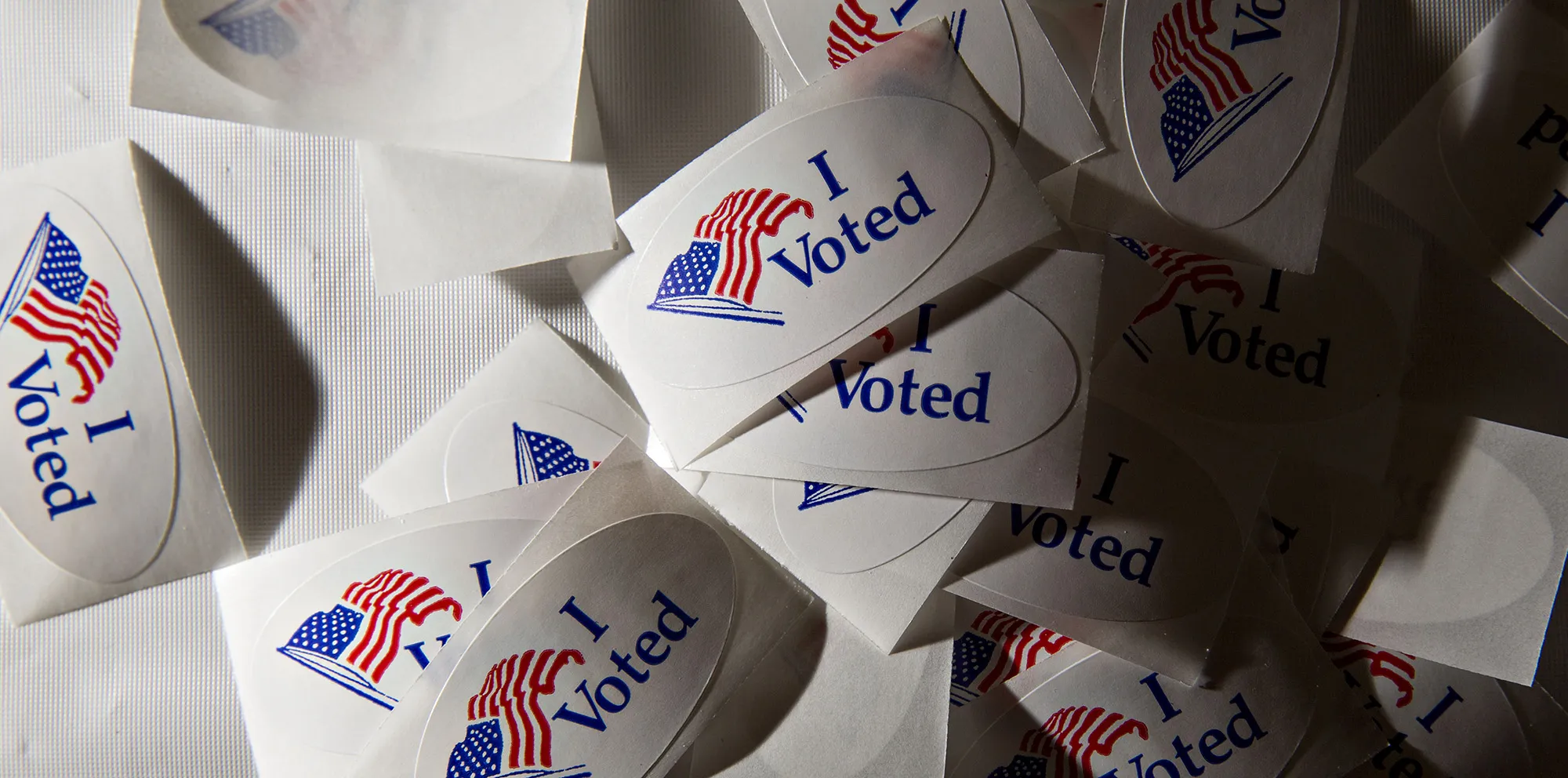 "I Voted" stickers sit on a table at a polling station in Columbia, South Carolina.