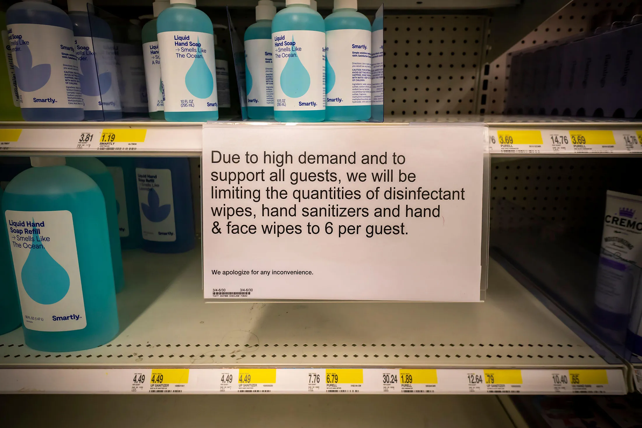 Shoppers for hand sanitizer at a Target store in New York were met with empty shelves and purchase limits.