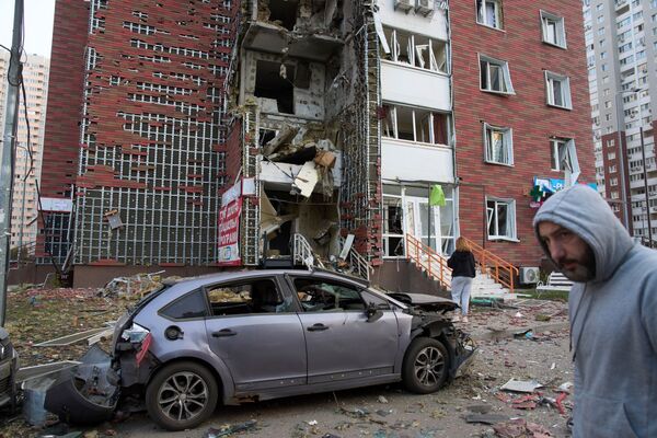 A damaged apartment building following a Russian attack in Kyiv, on June 10.