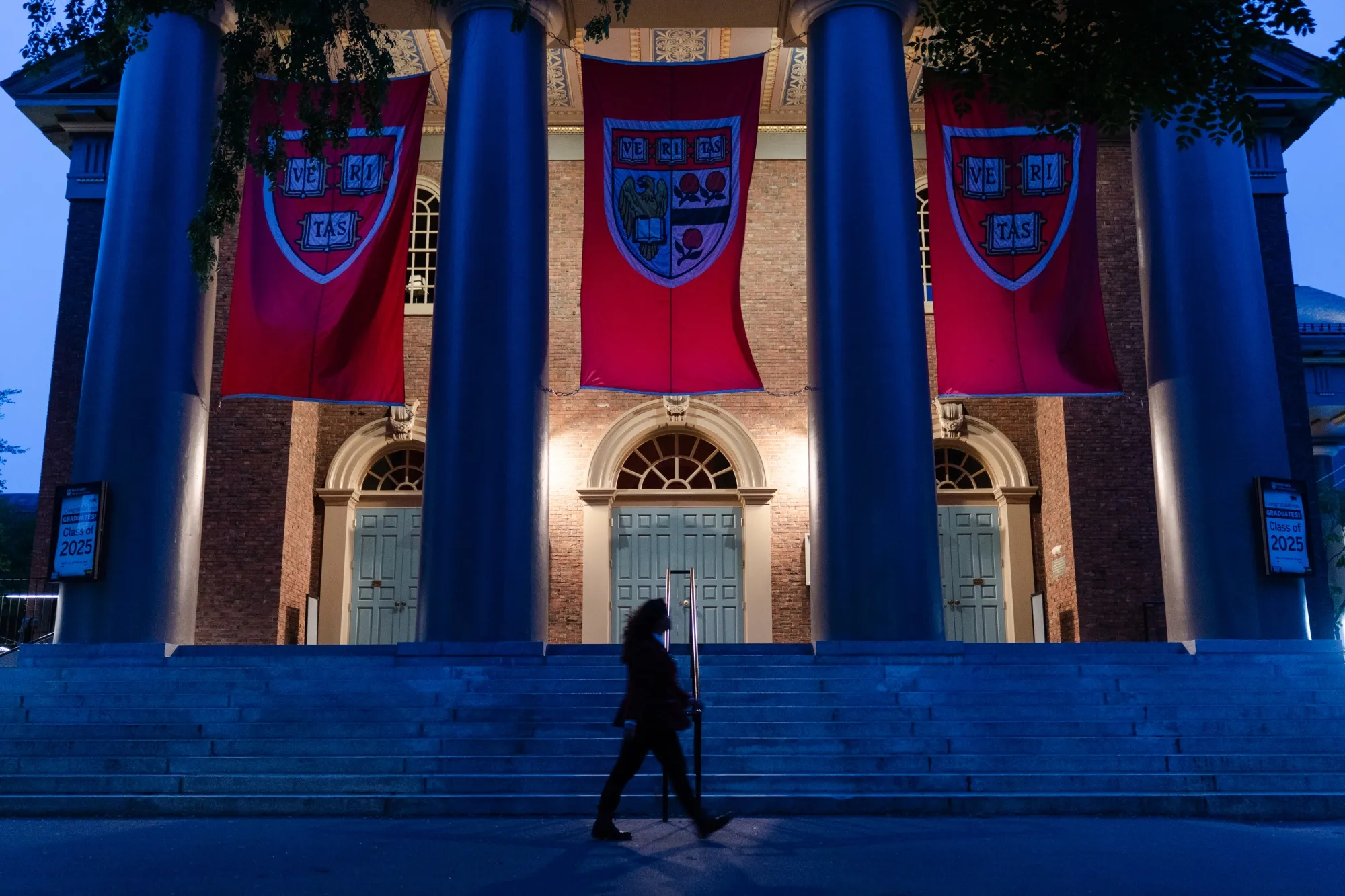 Banners hang from Memorial Church on the Harvard University campus in Cambridge, Massachusetts.