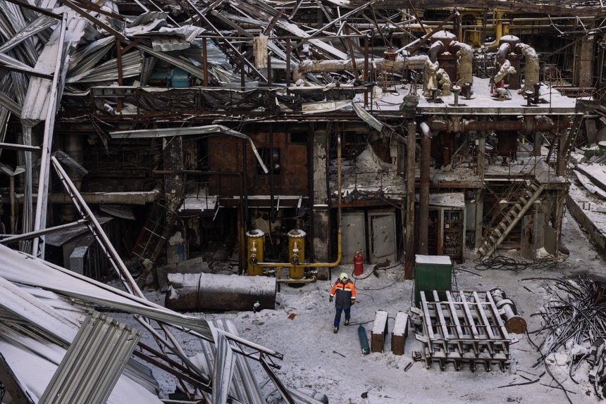 DTEK workers repair recent missile and drone attack damages at a thermal power plant in Central Ukraine on Feb. 9. Photographer: Diego Fedele/Getty Images