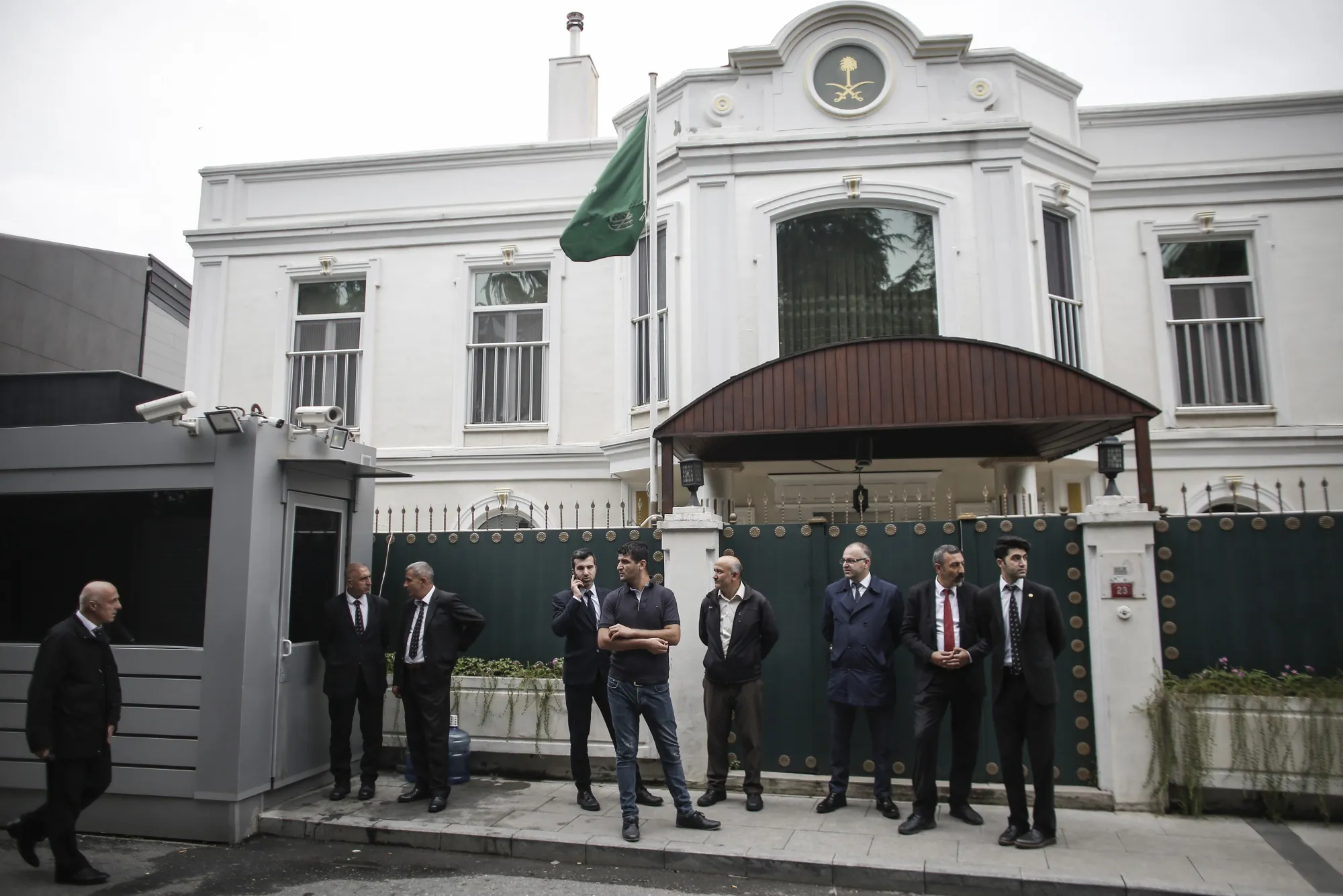 Consular security personnel await for the arrival of forensic investigators outside the Saudi Arabian consulate in Istanbul, Turkey, on Oct. 17.