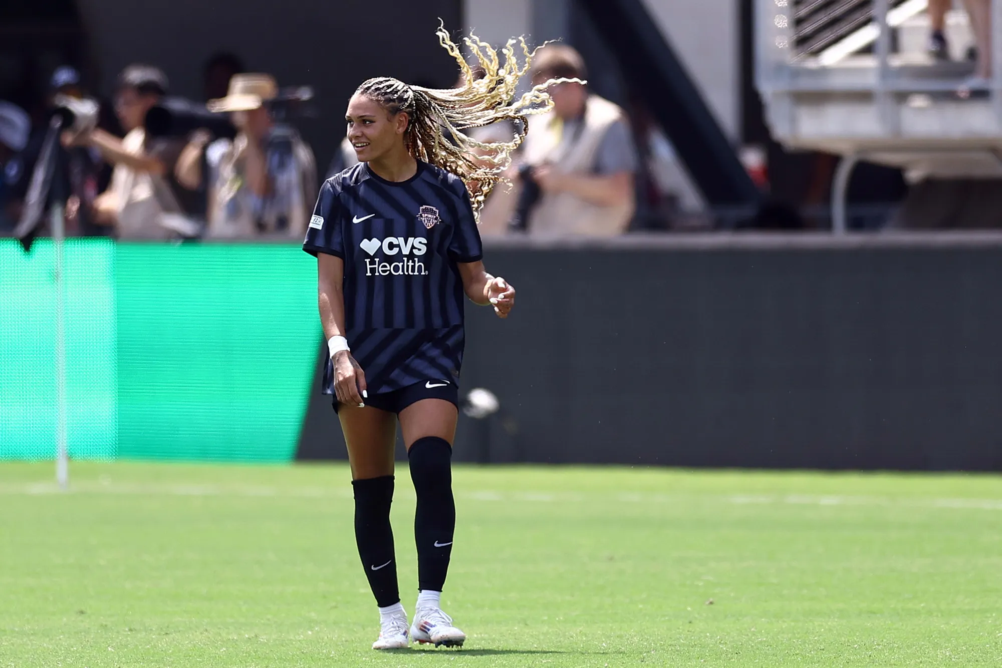 Trinity Rodman after scoring during a match at Audi Field in Washington in 2024.