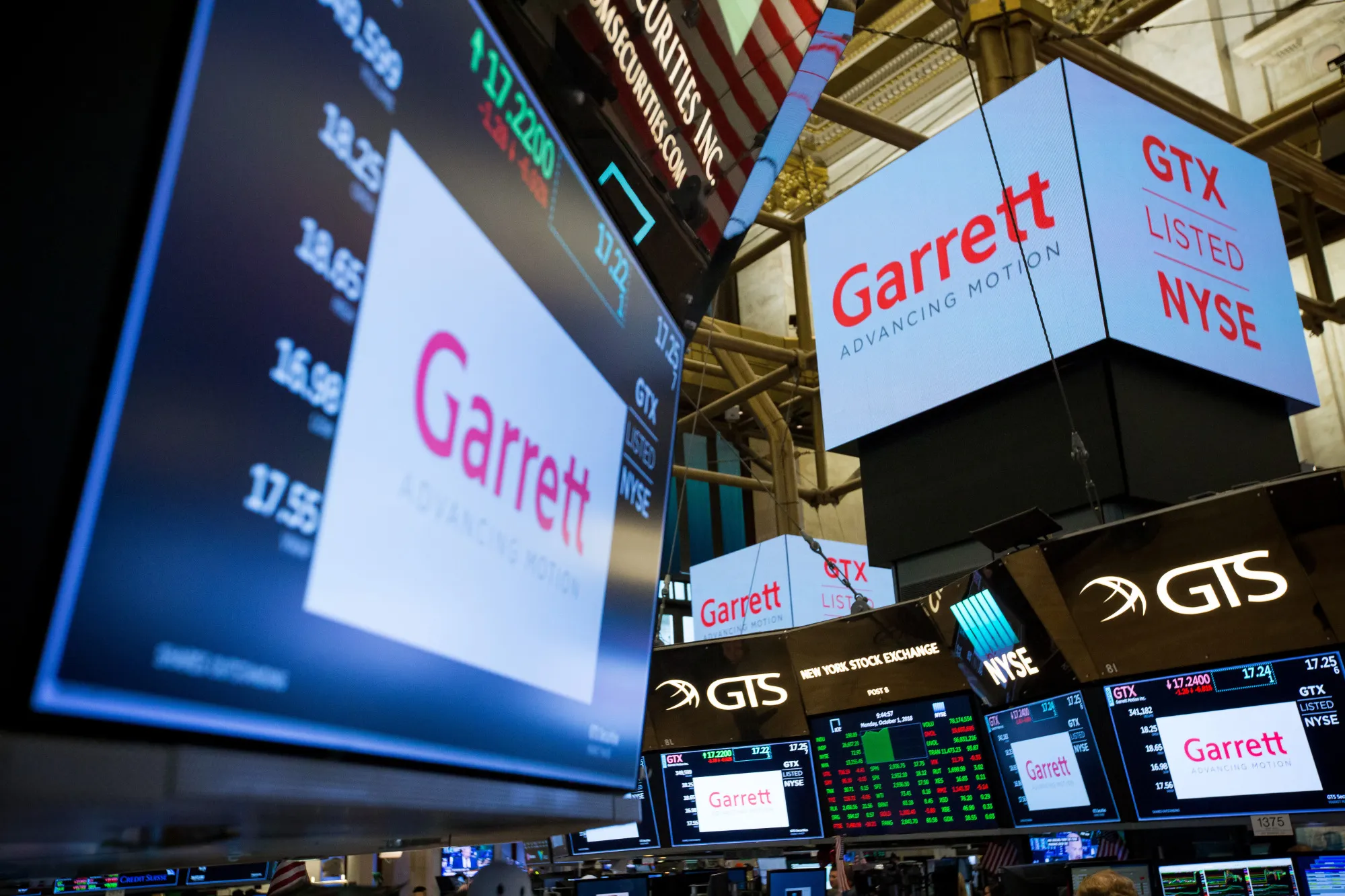 A monitor displays Garrett Motion Inc. signage on the floor of the New York Stock Exchange