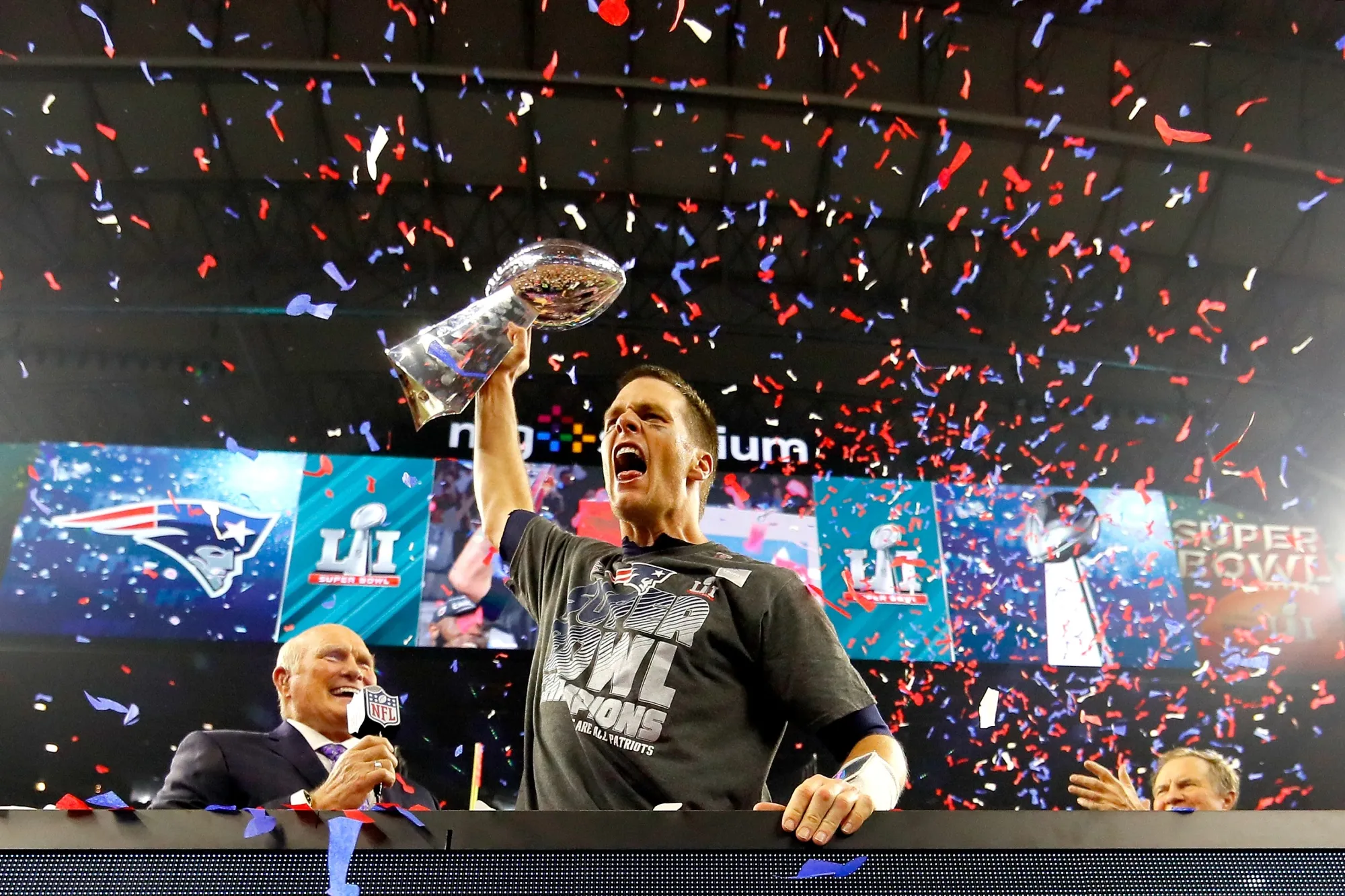 Tom Brady of the New England Patriots celebrates with the Vince Lombardi Trophy in 2017.