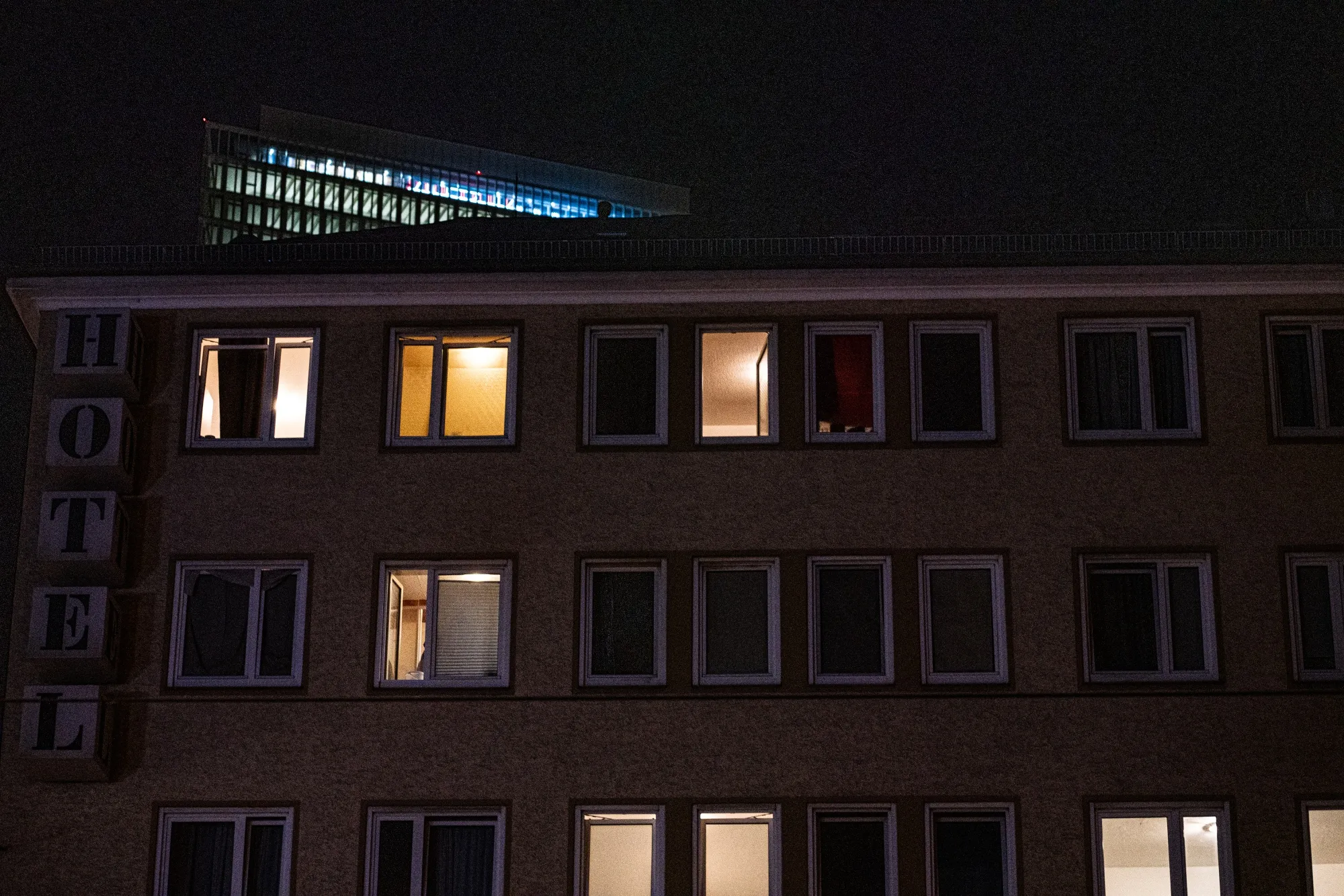 A partially lit hotel at night in Frankfurt, on&nbsp;July 27.&nbsp;