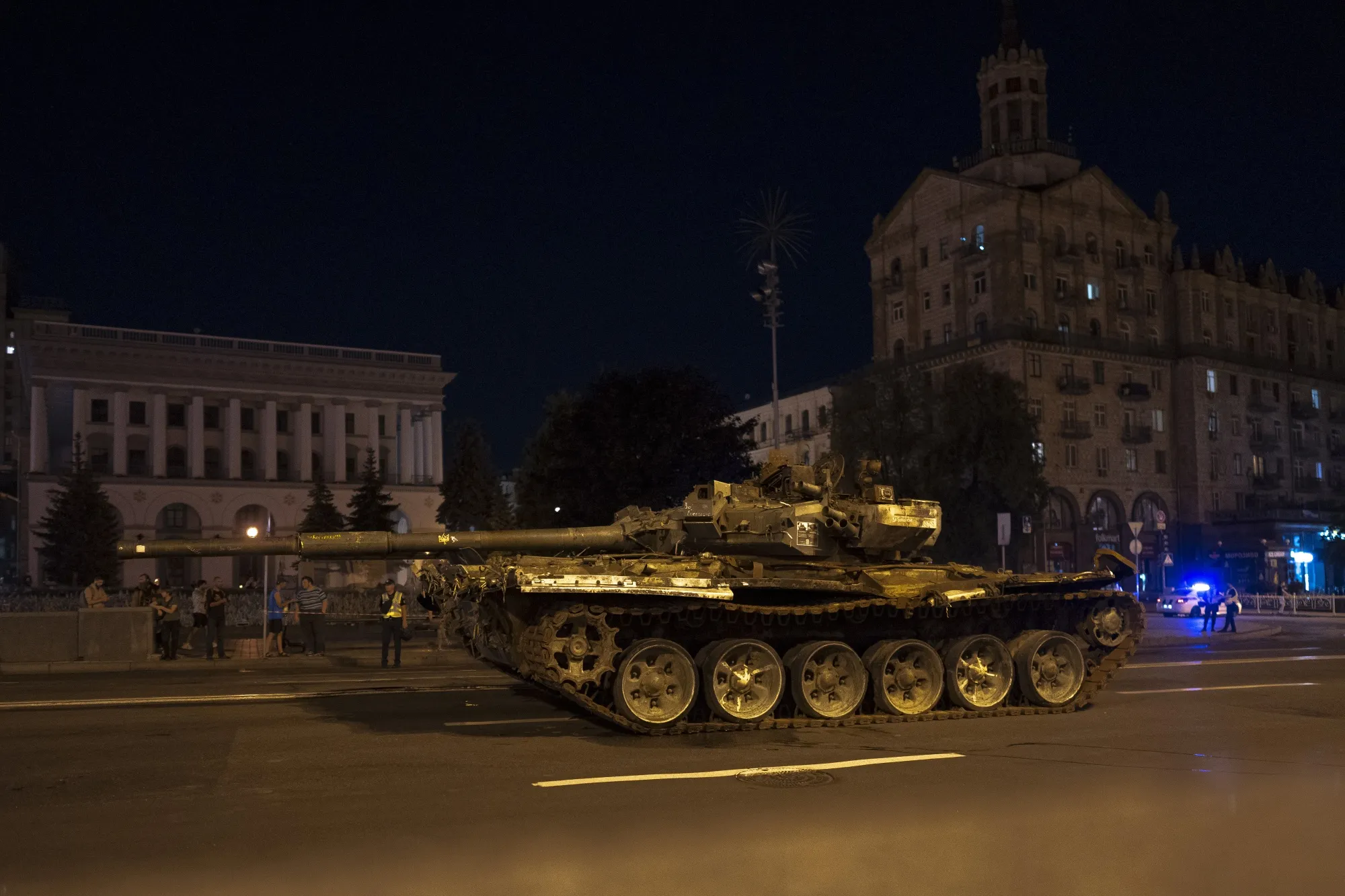 A Russian tank exhibited with other destroyed military vehicles ahead of Independence Day in Kyiv, Ukraine, on Monday, Aug. 21, 2023. Ukraine marks the Independence Day on Aug. 24.