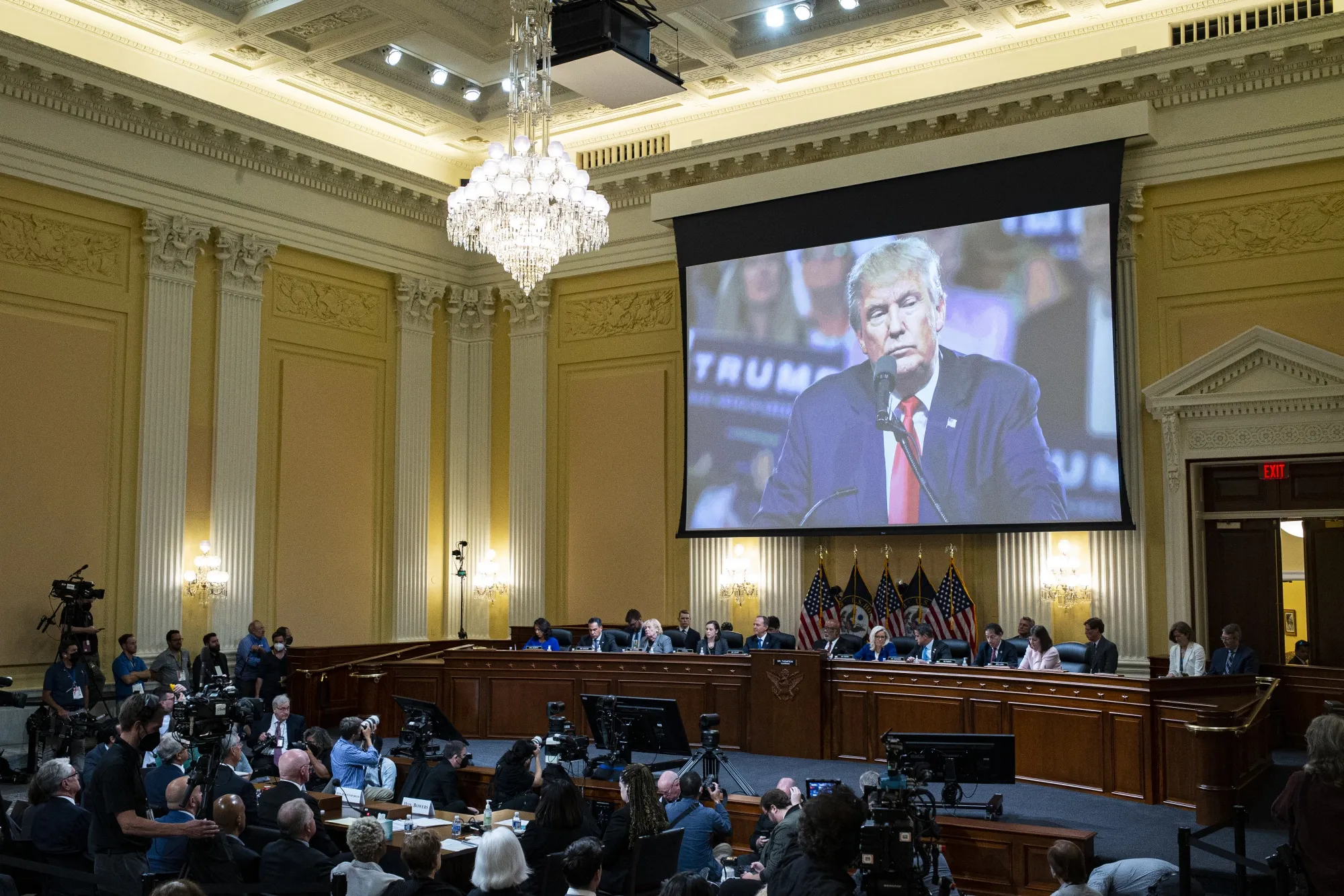 Former US President Donald Trump displayed on a screen during a hearing of the Select Committee to Investigate the January 6th Attack on the US Capitol in Washington, D.C., on June 21.