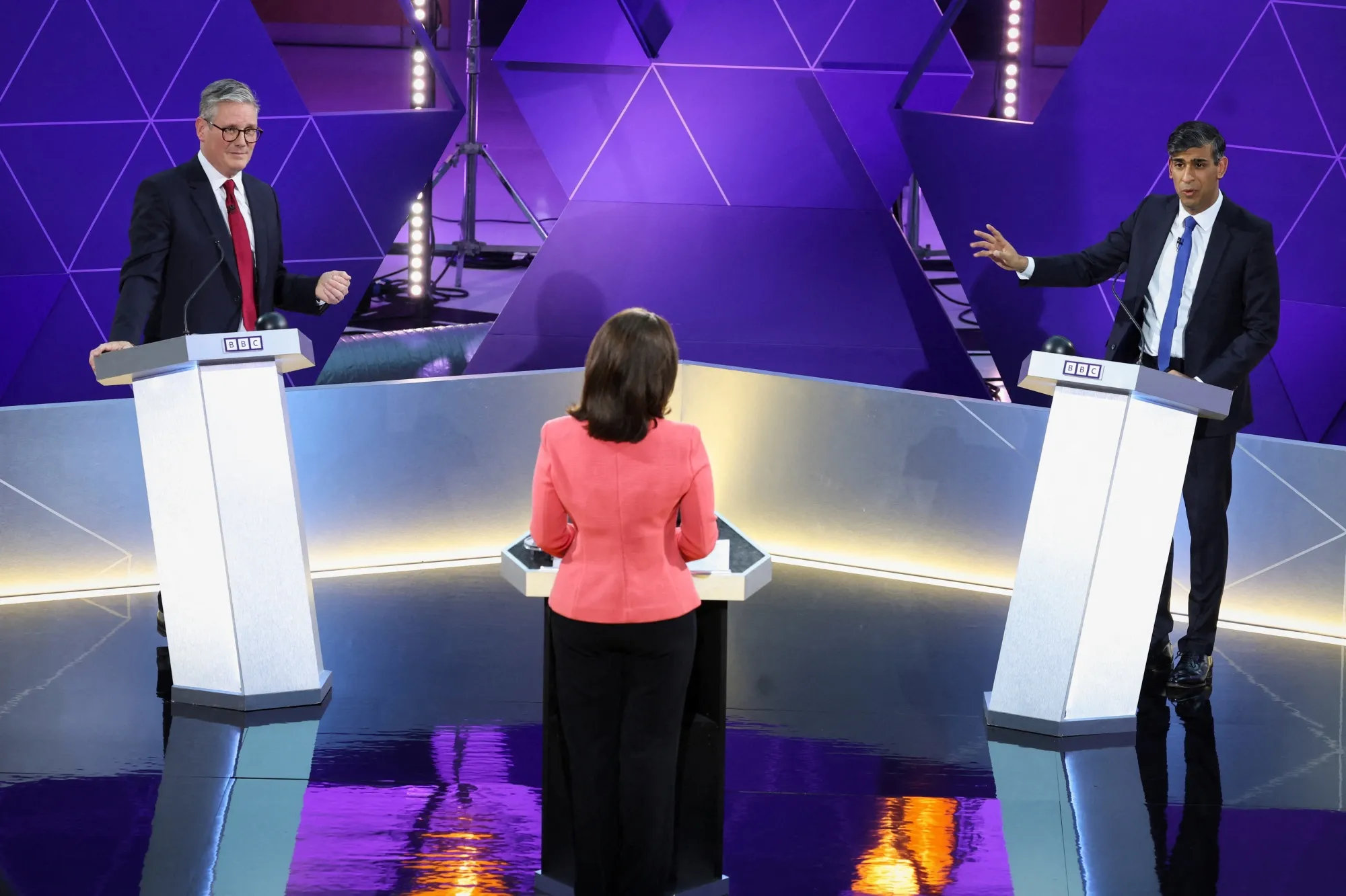 UK Prime Minister Rishi Sunak, right, and&nbsp; Labour Party leader Keir Starmer during a BBC debate in Nottingham on June 26.