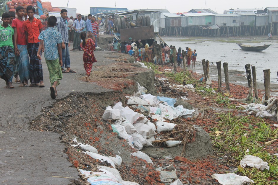 Erosion encroaches on an embankment on the northeast shore of Bhola, Bangladesh.