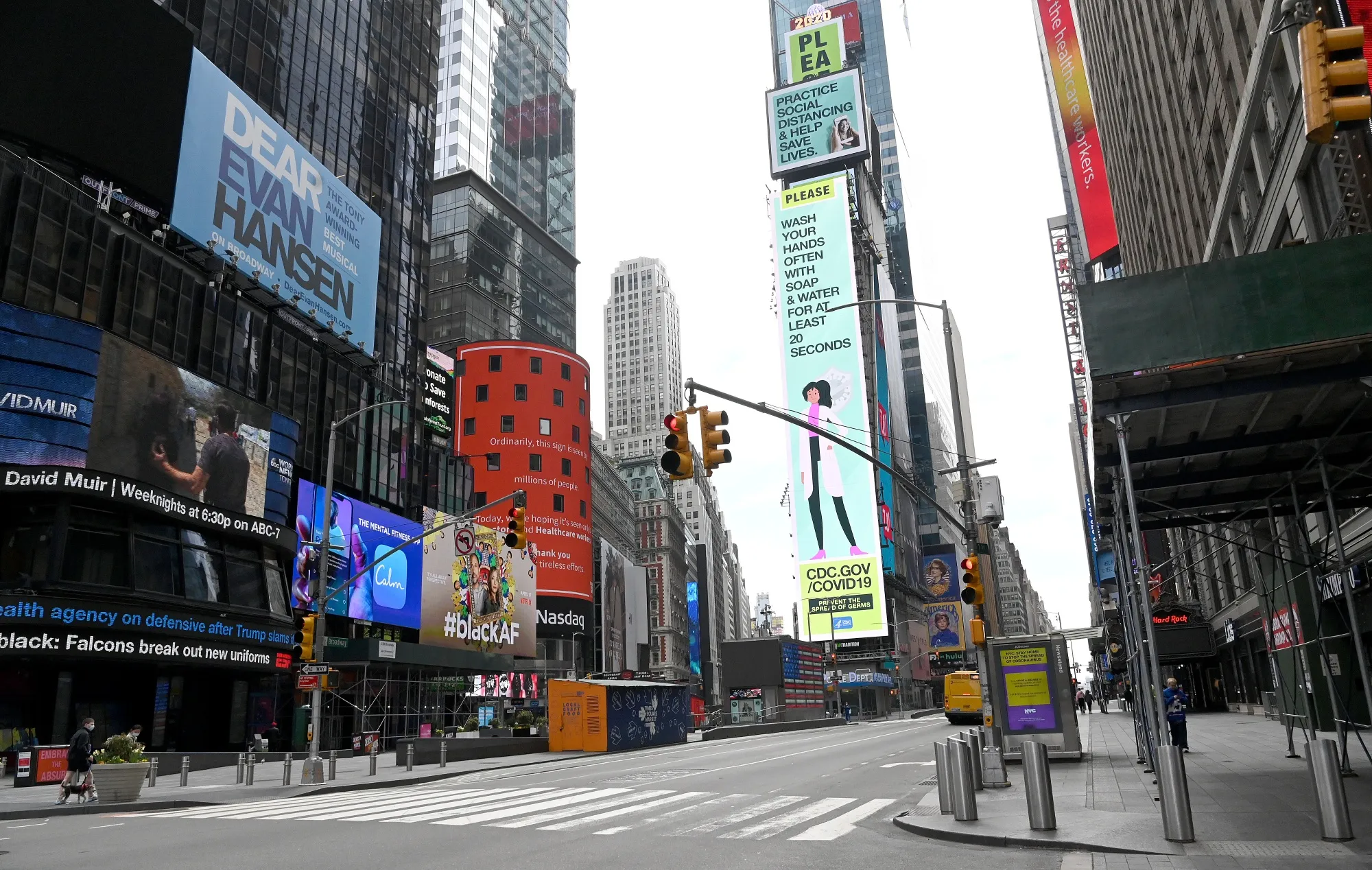 Times Square, empty except for hand-washing instructions.