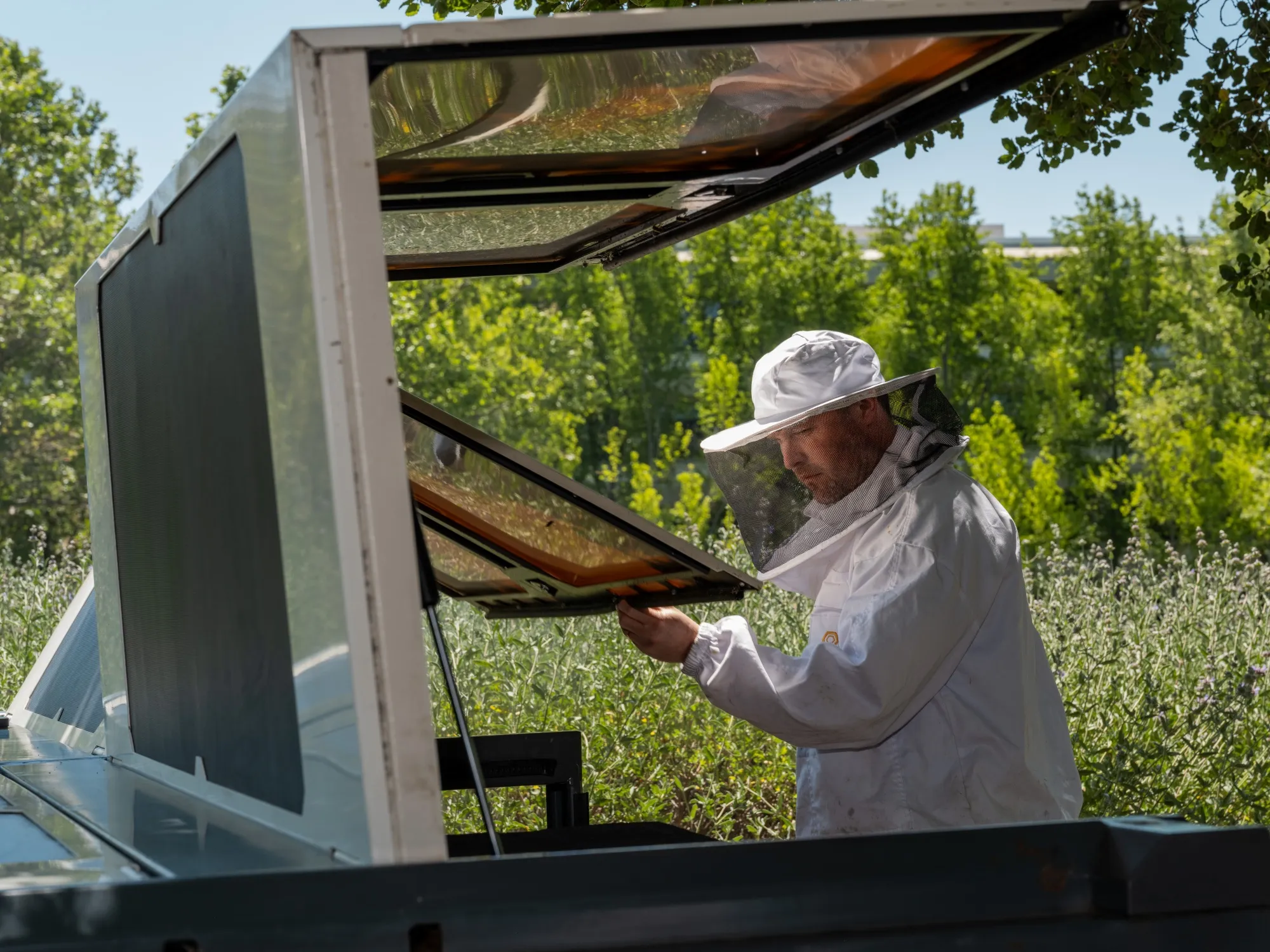 Eliyah Radzyner, beekeeper and co-founder at Beewise Technologies, opens the solar-paneled lid of the company's robotic beekeeping system, the BeeHome. 