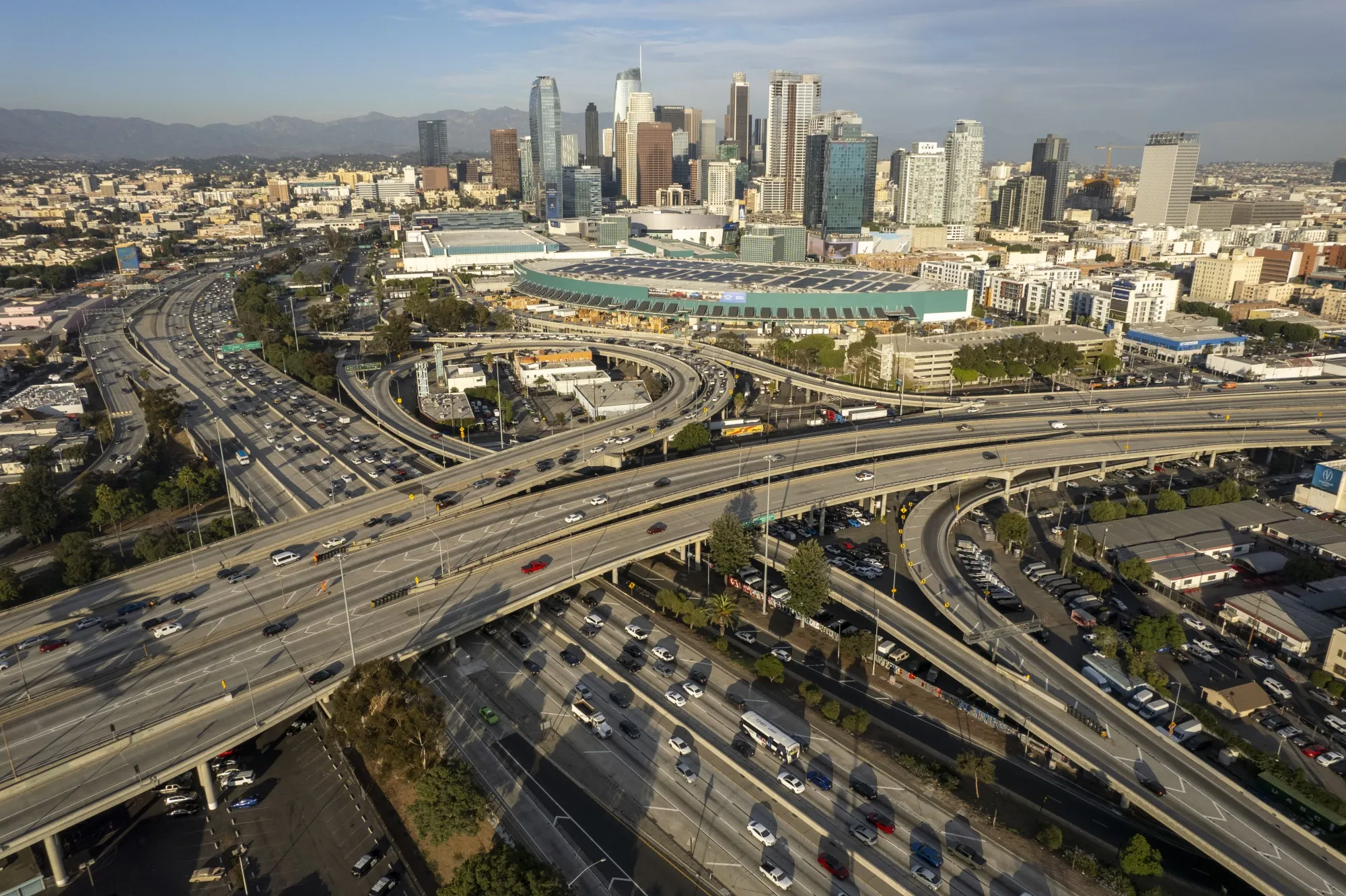 The intersection of Interstate 10 and Interstate 110 in Los Angeles, California.