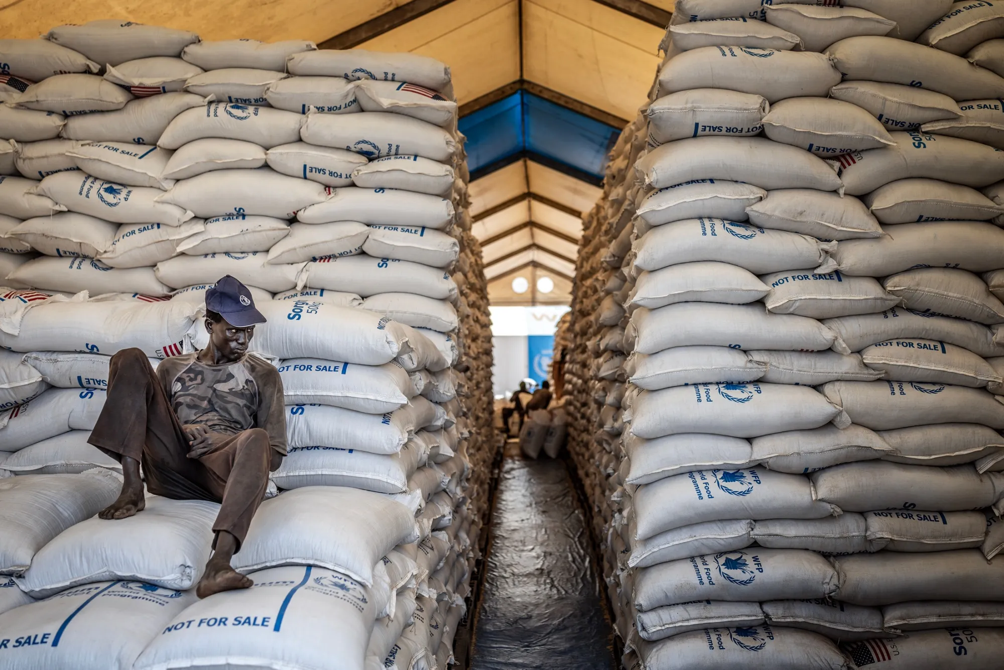 Sacks of food aid at a World Food Programme warehouse in South Sudan in February.