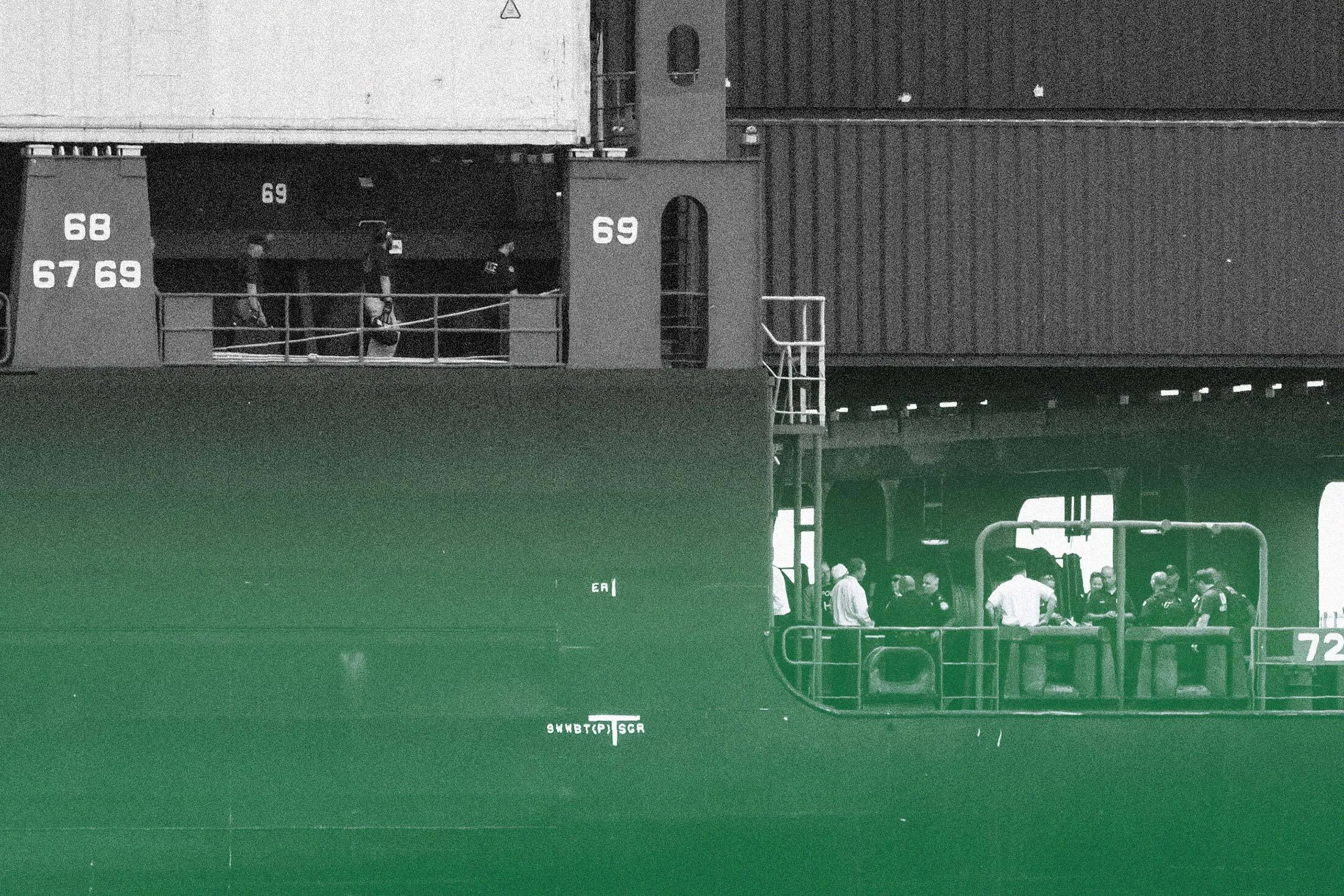 Officials at the Port of Philadelphia gather on the decks of the MSC Gayane after seizing more than $1 billion worth of cocaine in June 2019.