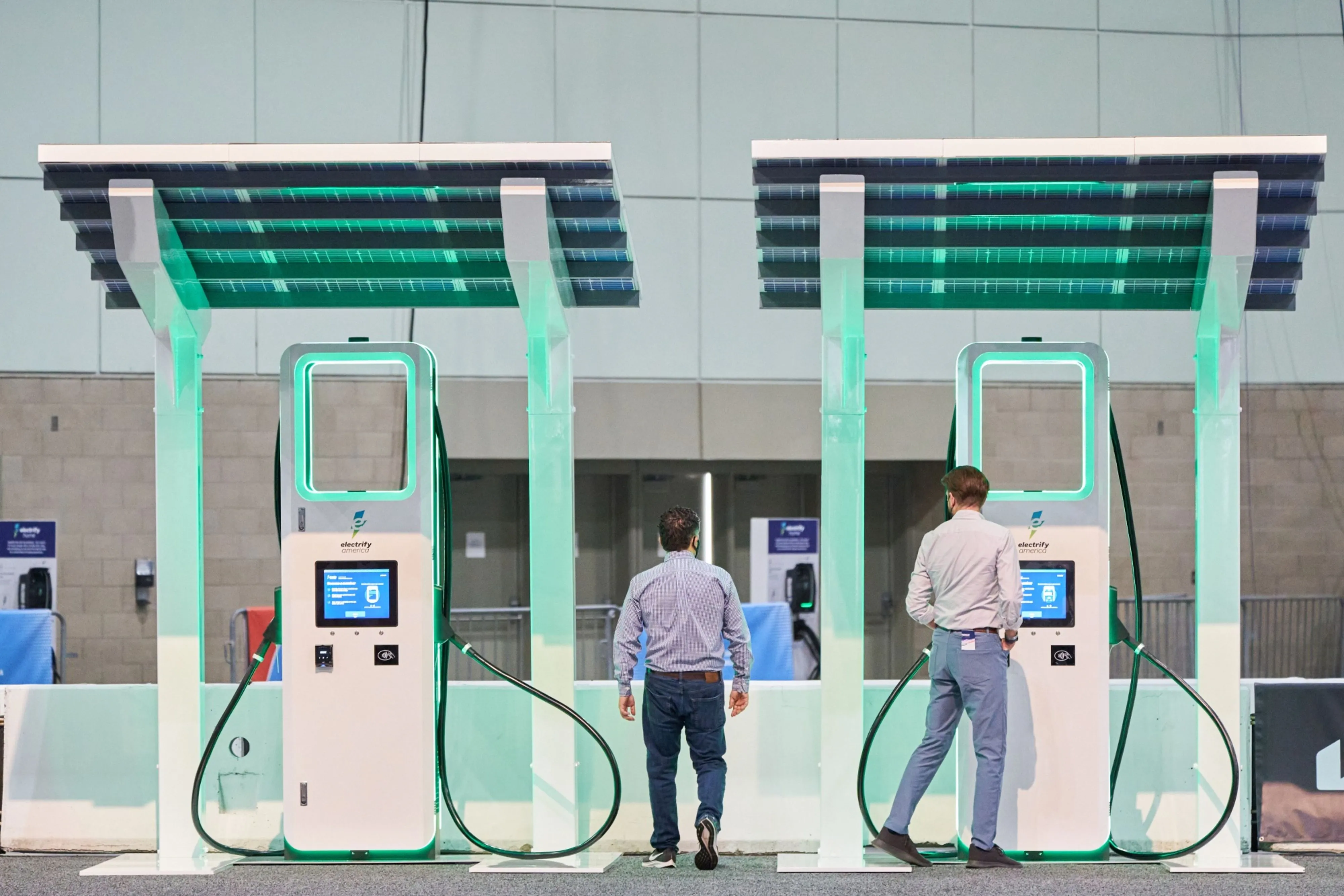 Electrify America EV charging stations on display at AutoMobility LA. U.S. mayors are citing electric vehicle infrastructure as a top priority in their local energy agendas.&nbsp;