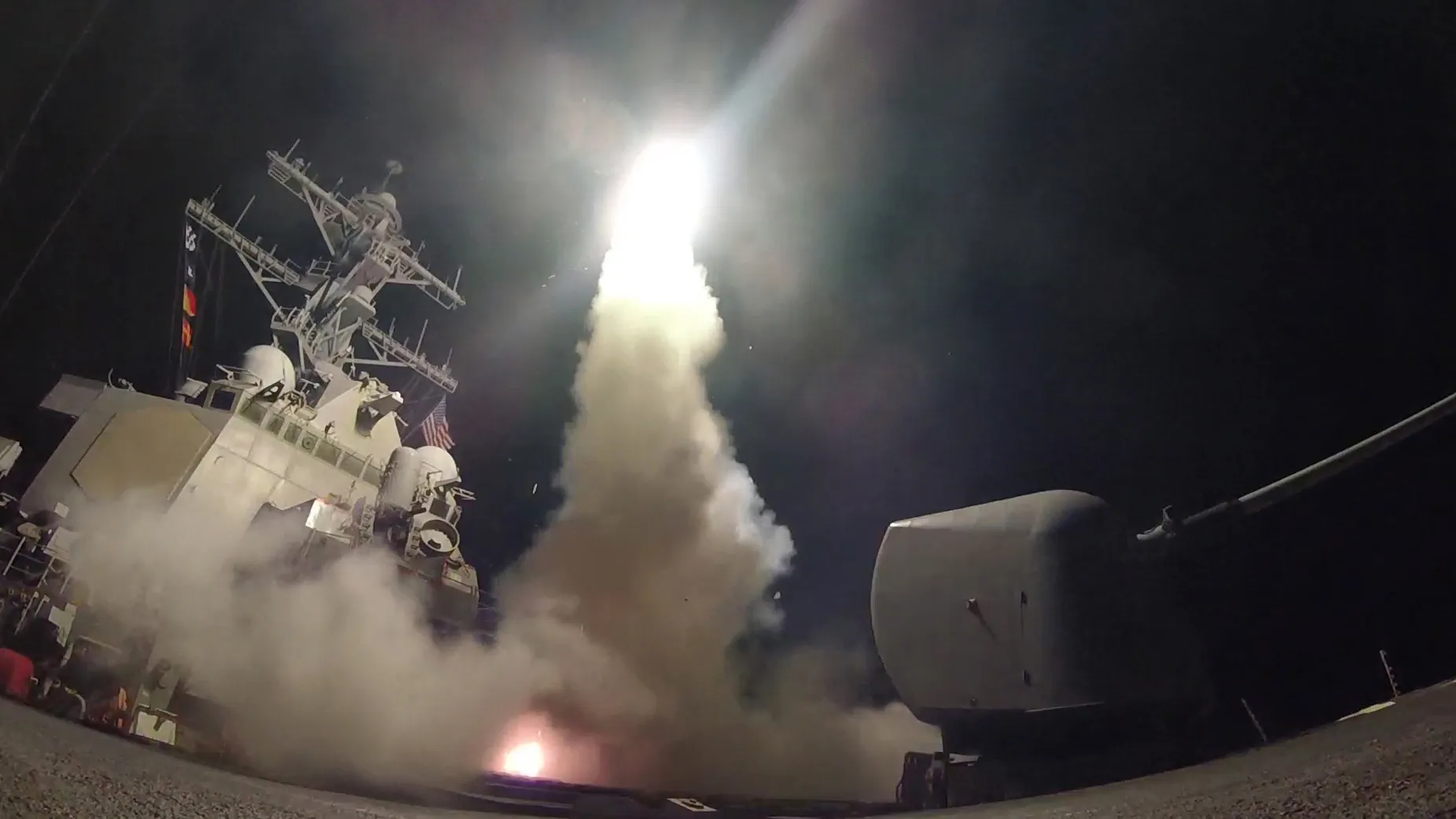The guided-missile destroyer USS Porter (DDG 78) launches Raytheon's Tomahawk cruise missile during strike operations while in the Mediterranean Sea on Friday, April 7, 2017.
