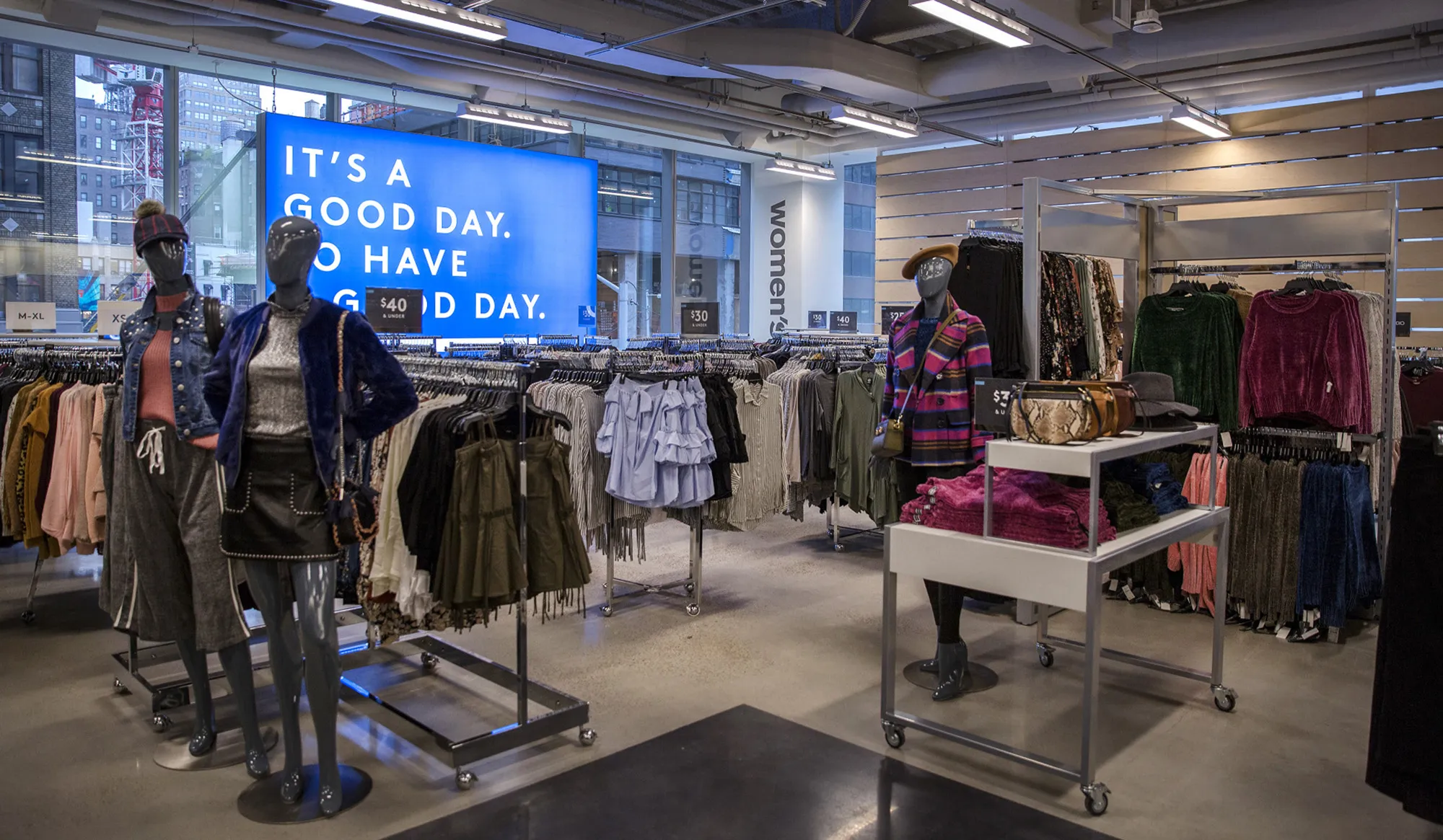 Women's clothing is displayed for sale inside a Nordstrom Rack store ahead of the grand opening in the Herald Square neighborhood of New York.