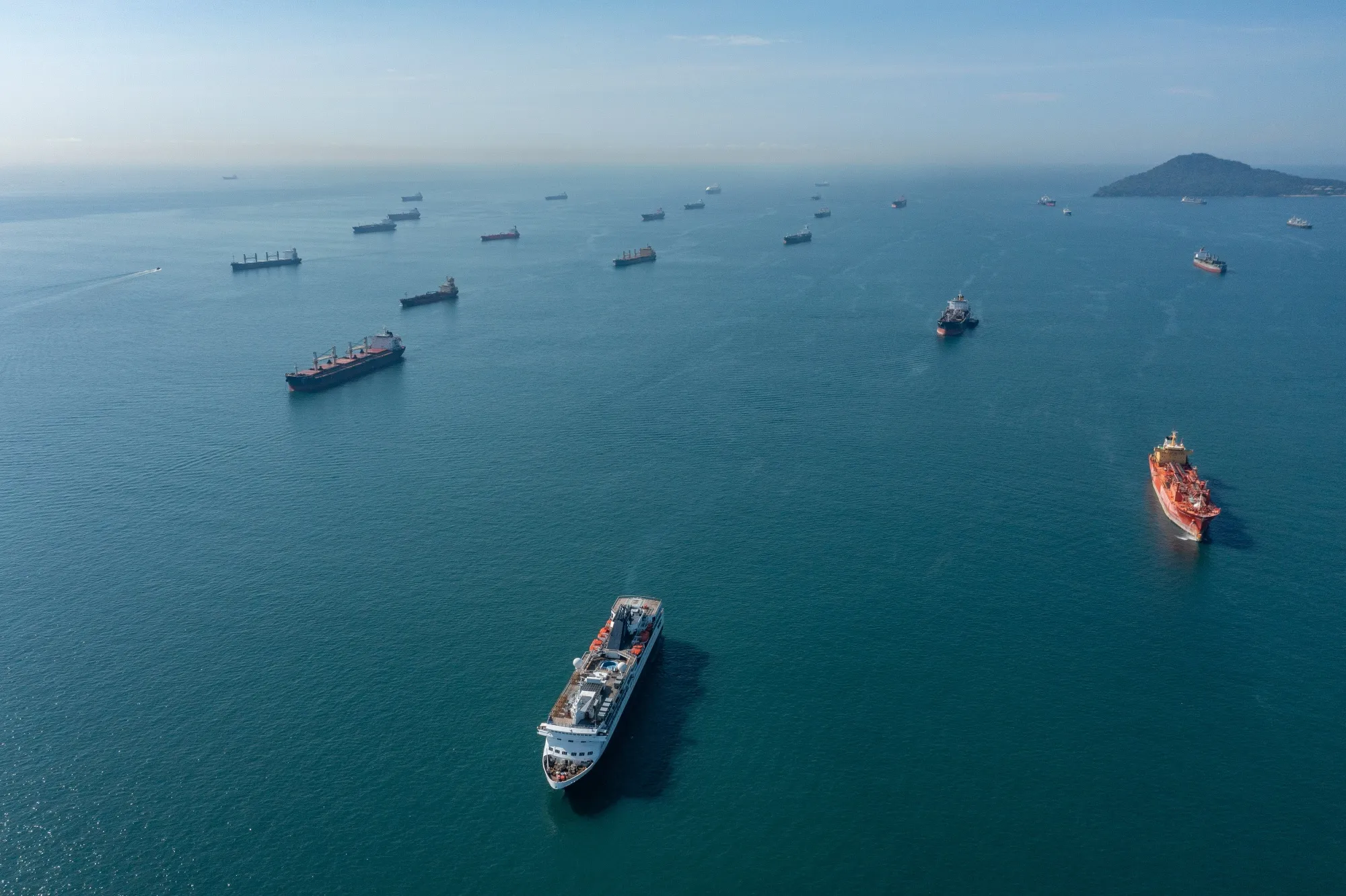 Cargo ships wait in the anchor zone to cross the Panama Canal from the Pacific entrance near Panama City.