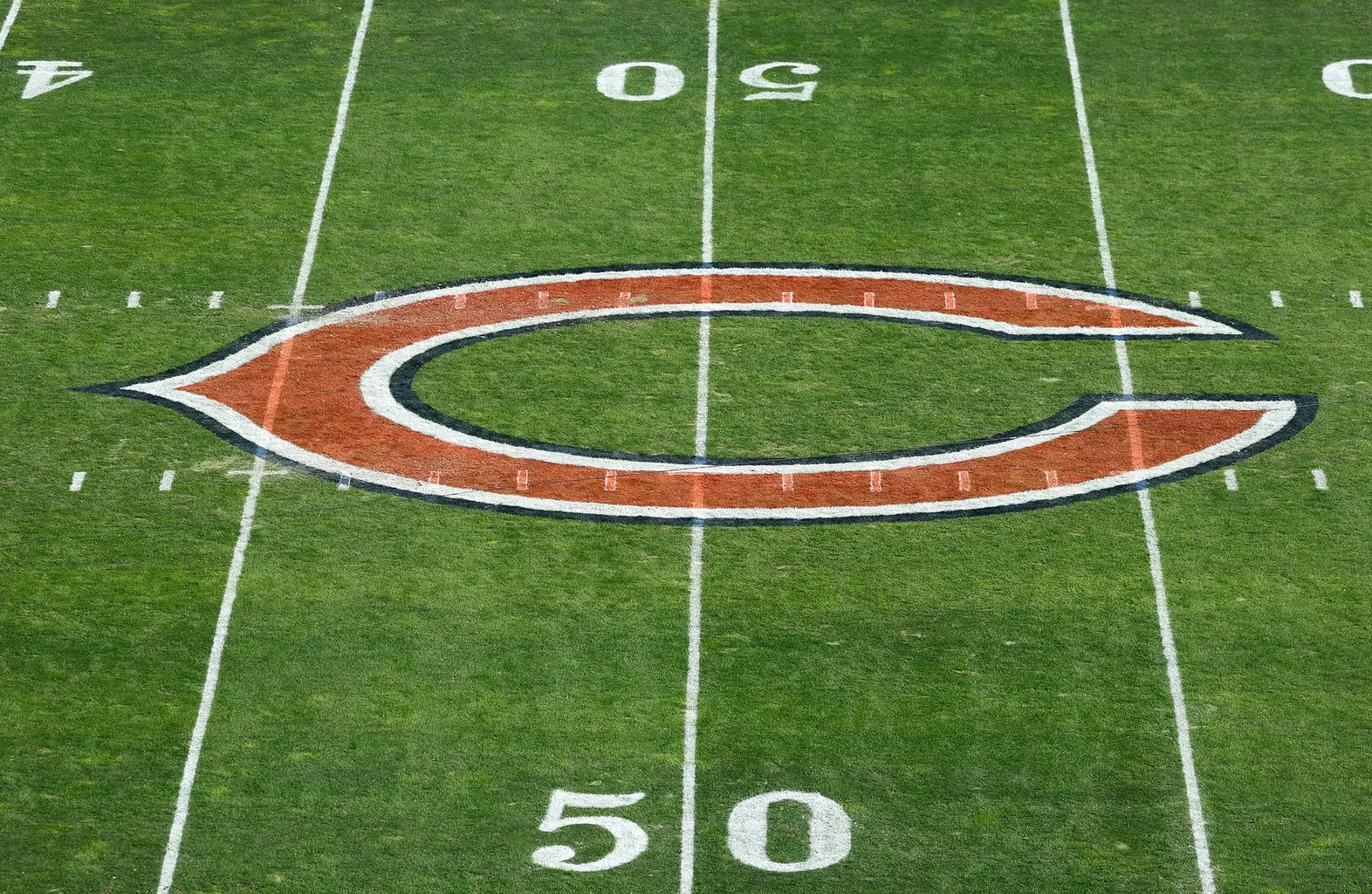 The Chicago Bears logo at Soldier Field in Chicago.