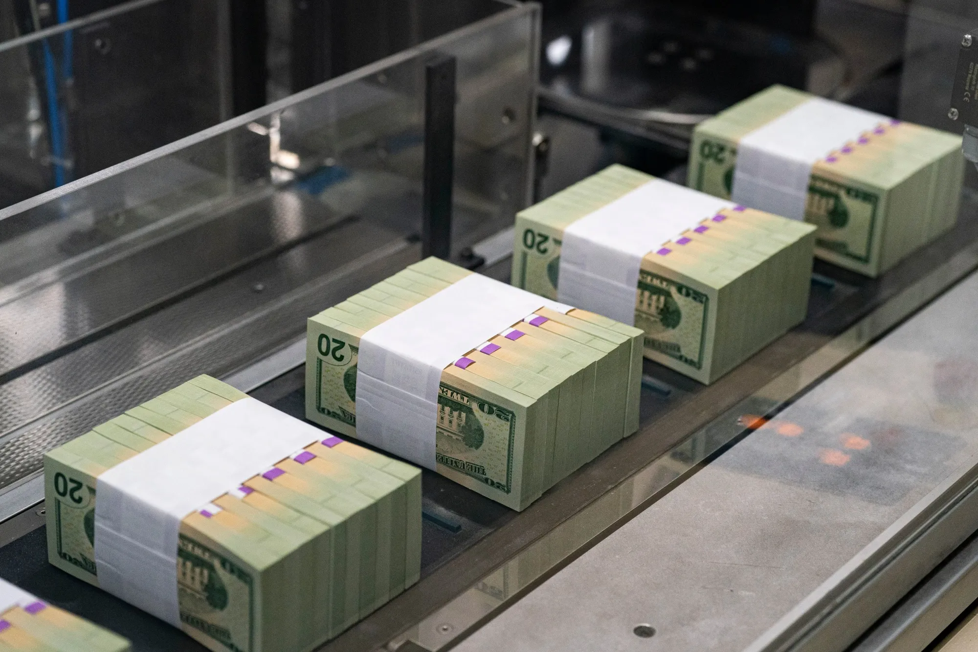 Twenty dollar notes at the US Bureau of Engraving and Printing in Washington, DC.&nbsp;