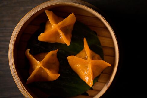 Yauatcha 's crystal dumpling wrap with pumpkin.