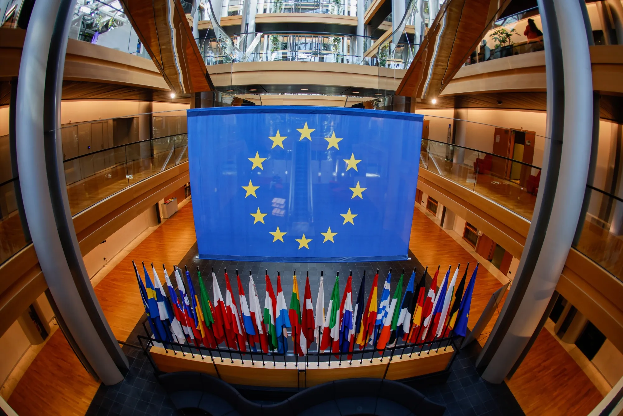 The flags of the European Union and member countries&nbsp;in Strasbourg, France, on Sept. 12.