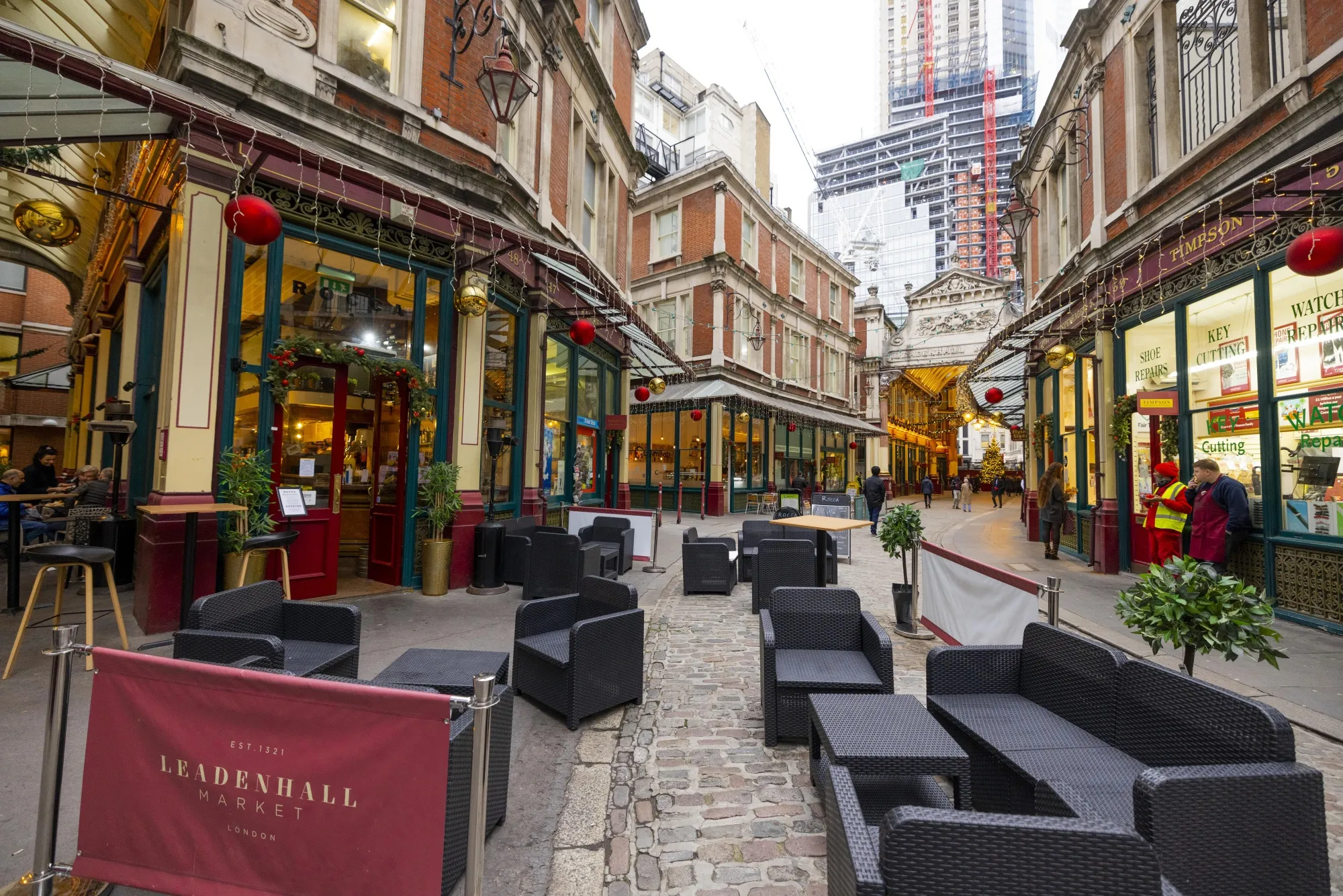 Empty outdoor bar seating in the City financial district in London.&nbsp;