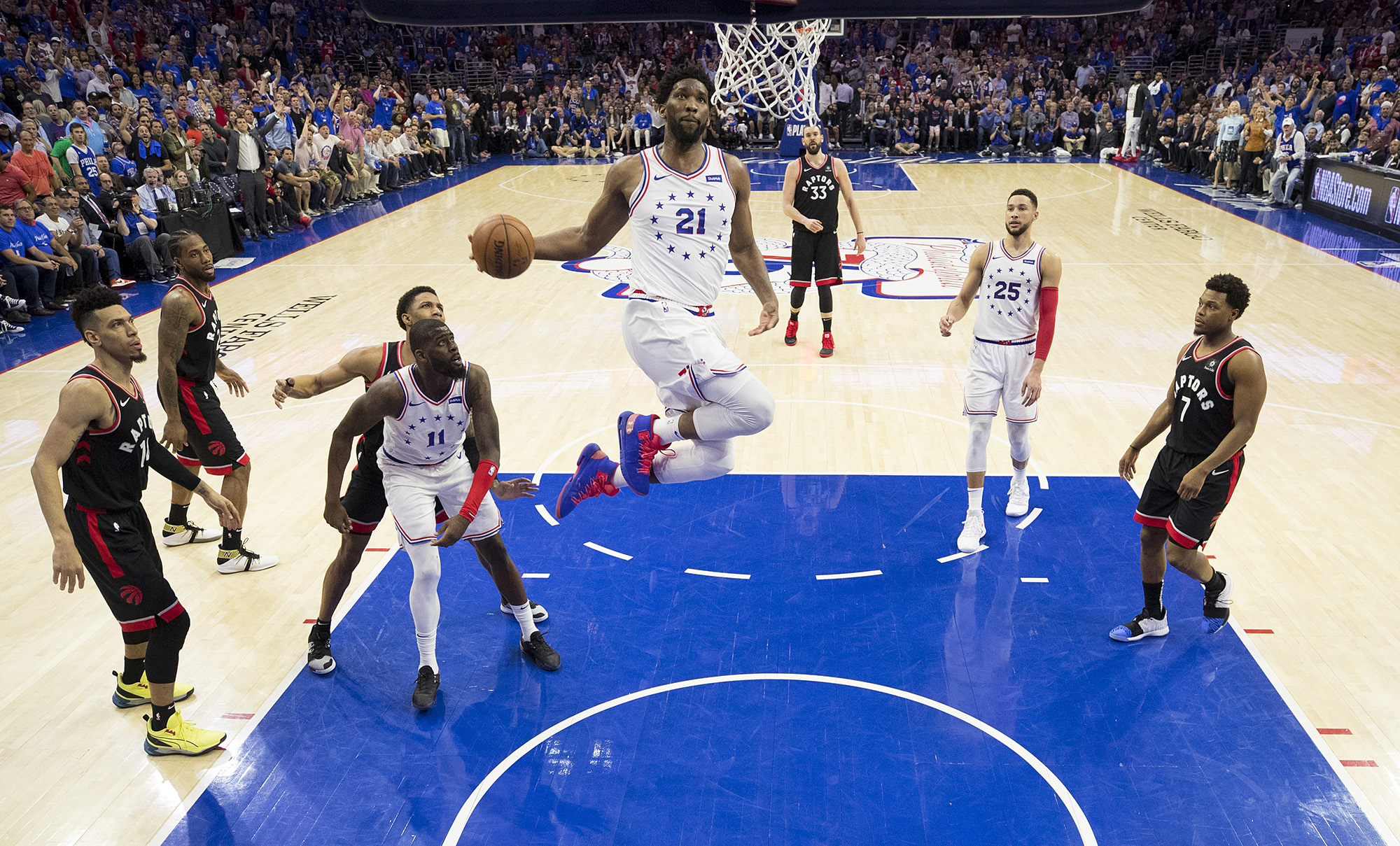 Joel Embiid&nbsp;of the Philadelphia 76ers dunks the ball against the Toronto Raptors in the fourth quarter of Game Three of the Eastern Conference Semifinals in Philadelphia&nbsp;on May 2, 2019.