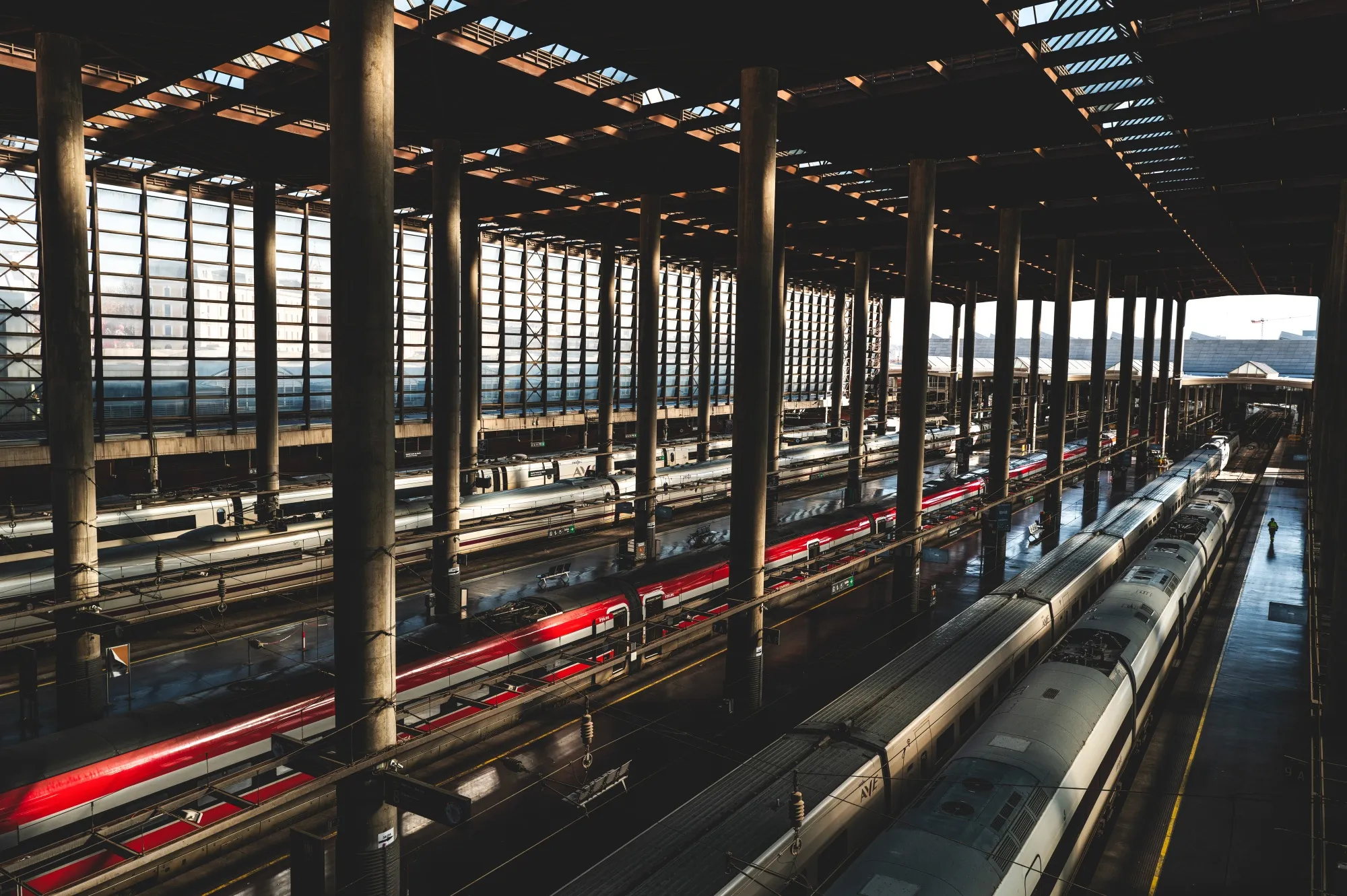 High-speed trains at the Atocha railway station in Madrid, Spain.