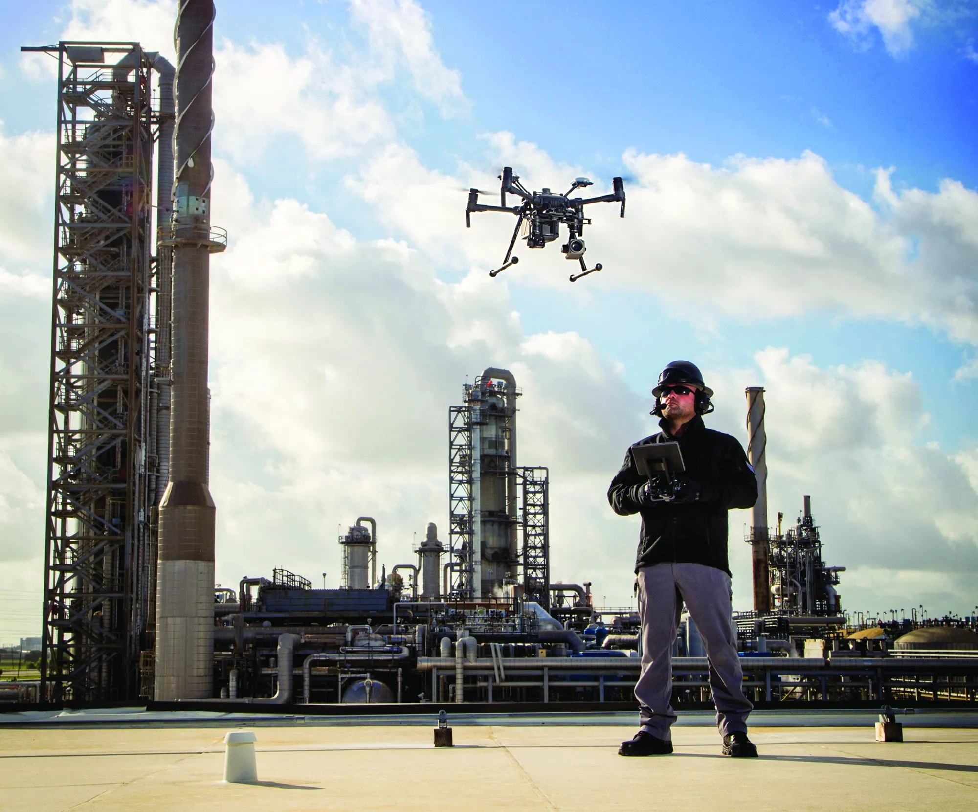 A pilot uses a drone to inspect plant equipment at the BASF site in Freeport, Texas.