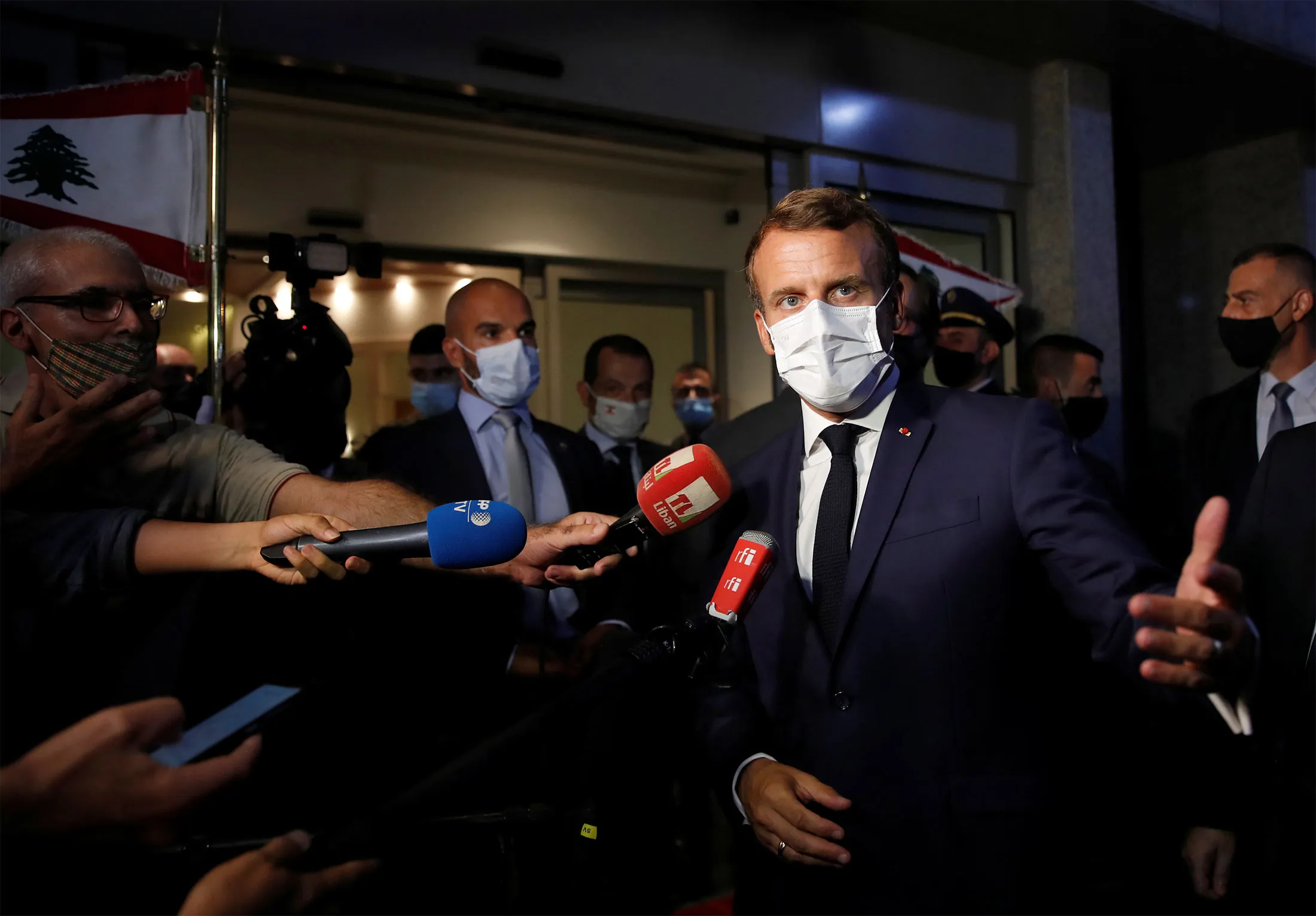 Emmanuel Macron speaks to members of&nbsp;the media at Beirut International airport, on Aug. 31.