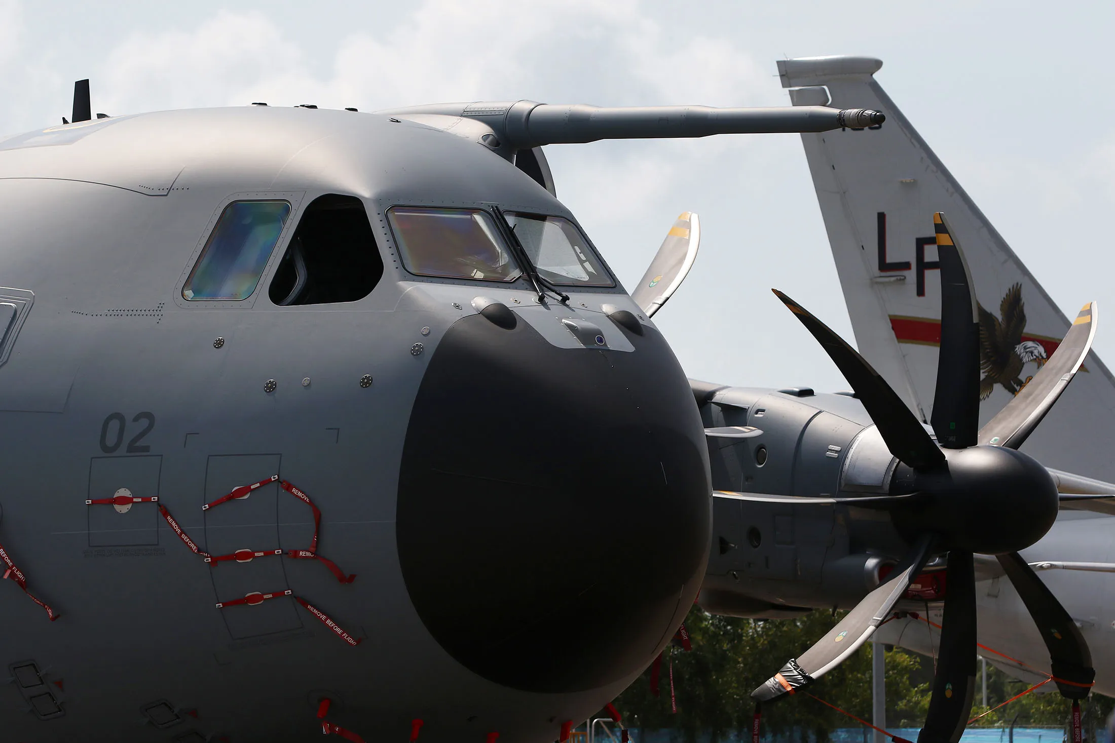An Airbus A400M military aircraft operated by the Royal Malaysian Air Force (RMAF) stands on display at the Singapore Airshow.
