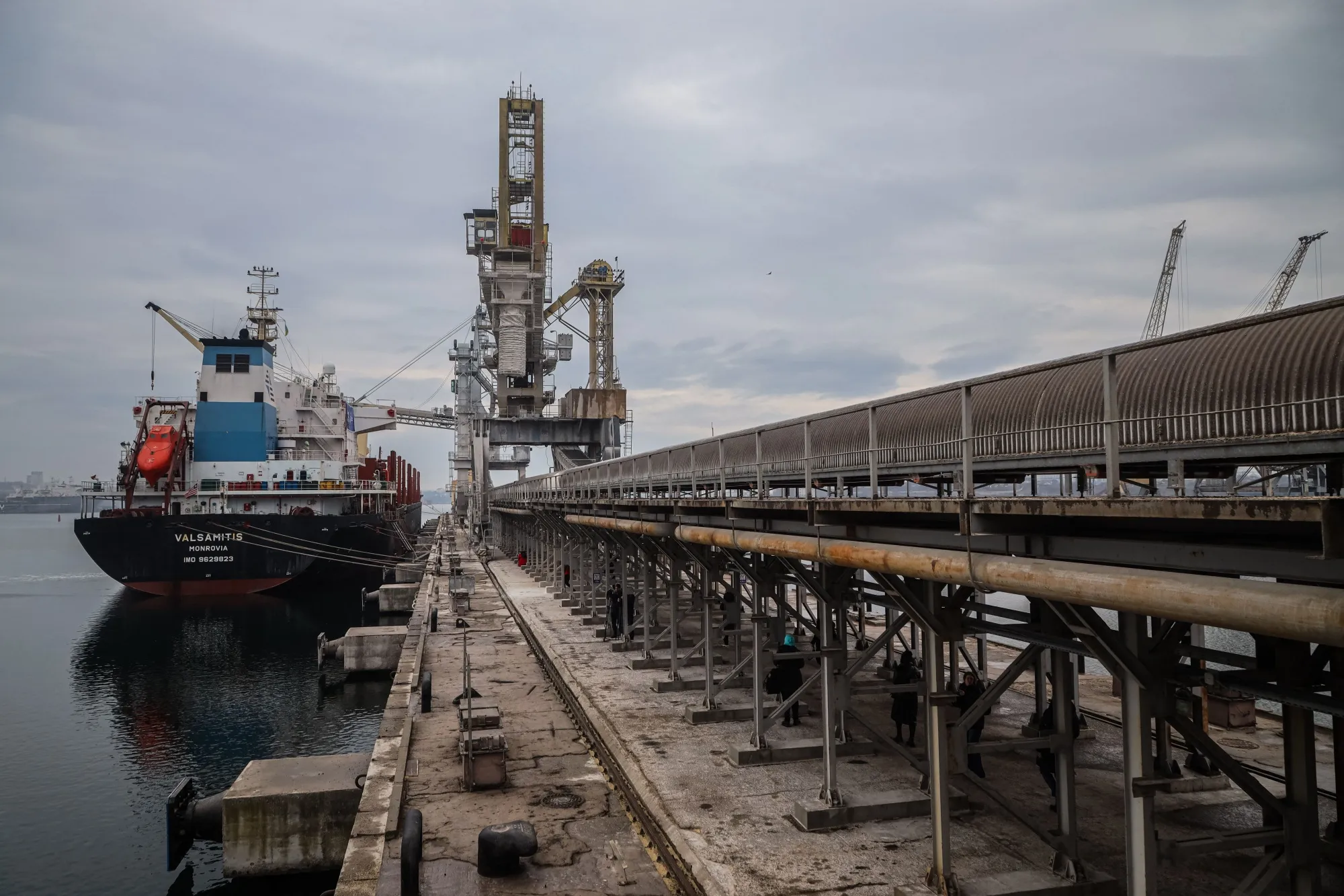 The cargo ship is loaded with grain&nbsp;at the port of Chornomorsk&nbsp;on the Black Sea coast.