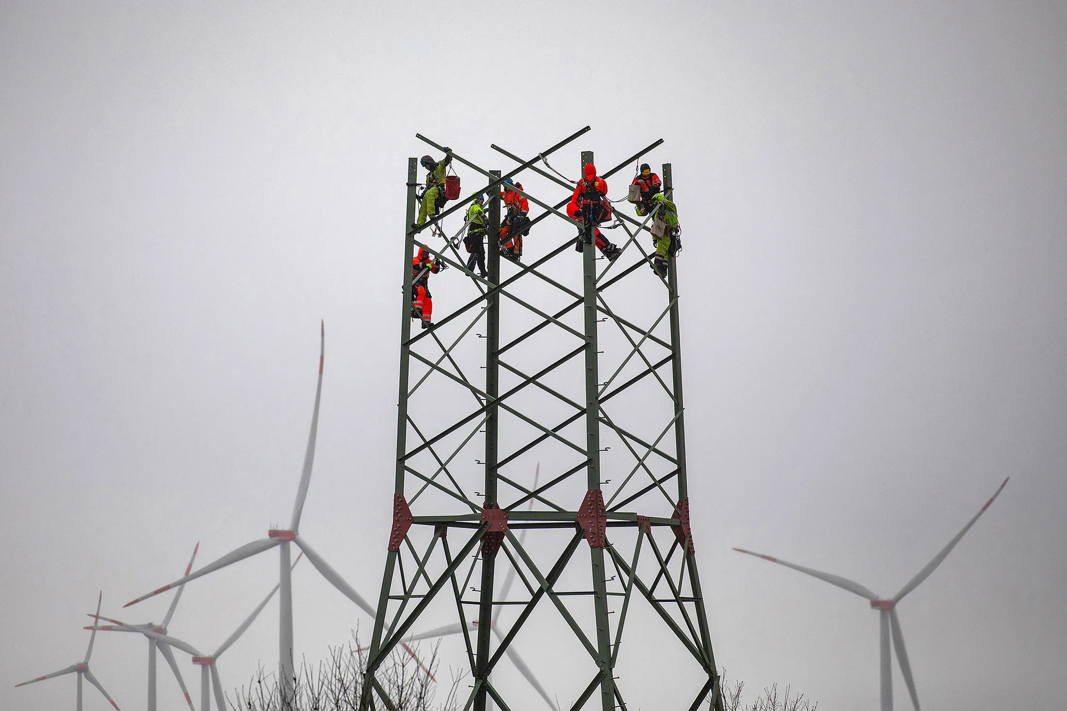 Assembling a high voltage electricity transmission tower in Germany in April.