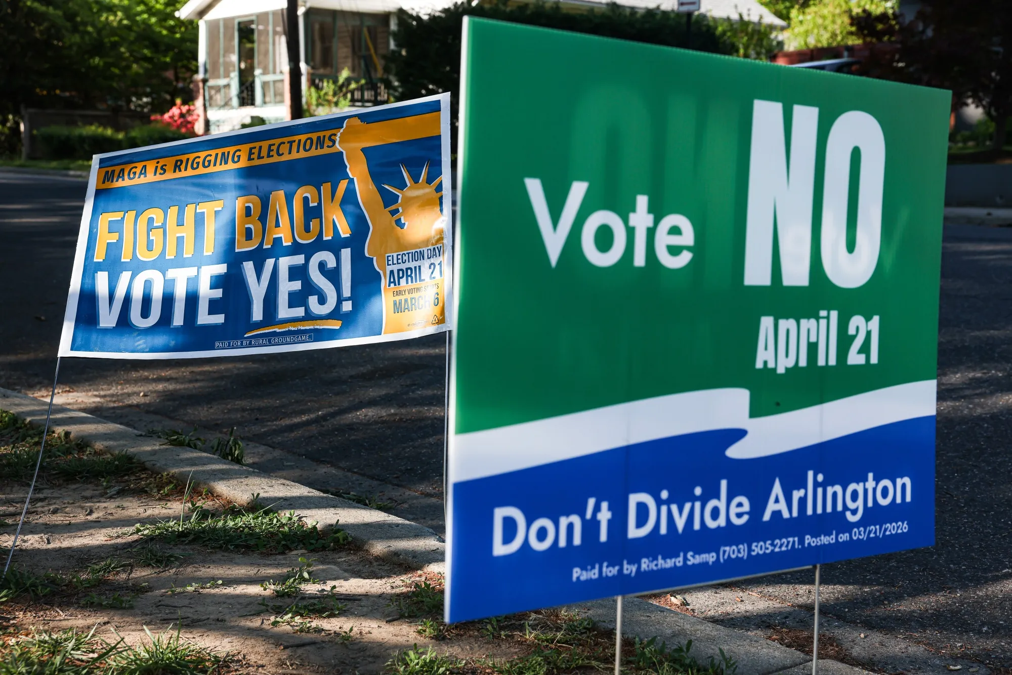 "Vote Yes" and "Vote No" signage during a special election in Arlington, Virginia, on&nbsp;April 21.