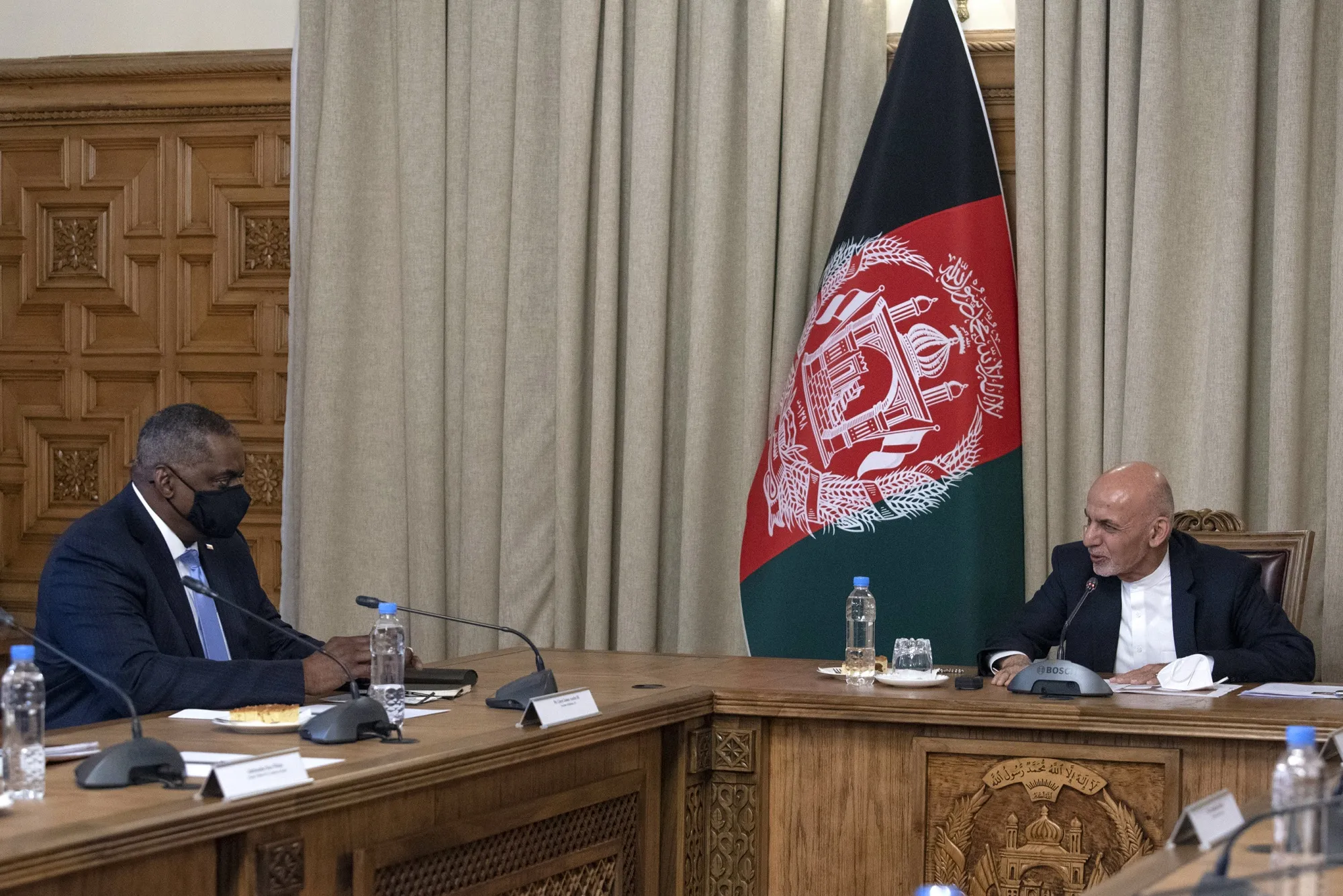 Lloyd J. Austin meets with Ashraf Ghani in Kabul on March 21.