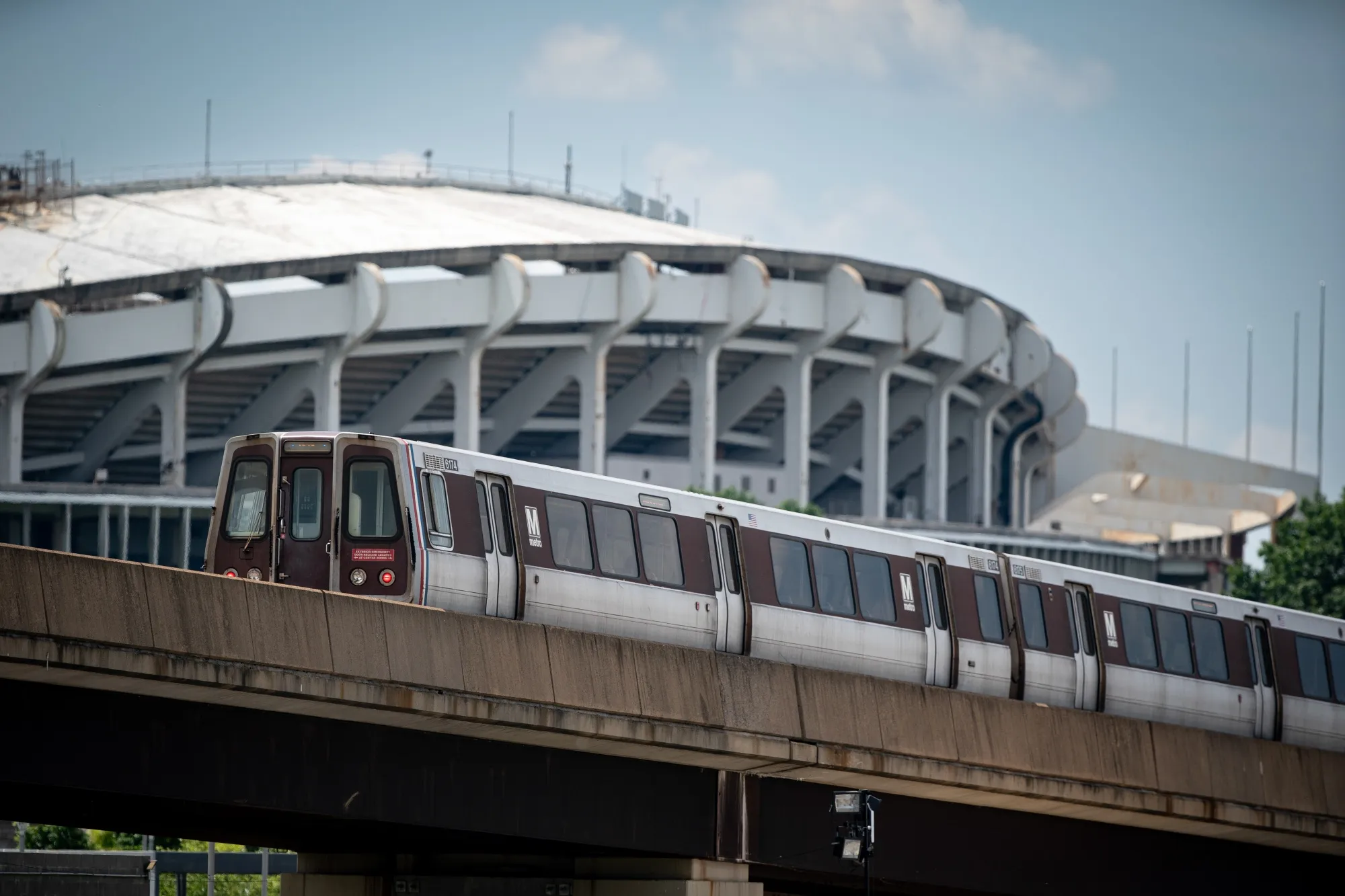 A blue line&nbsp;Washington Metropolitan Area Transit Authority train near the Robert F. Kennedy (RFK) Memorial Stadium in Washington.